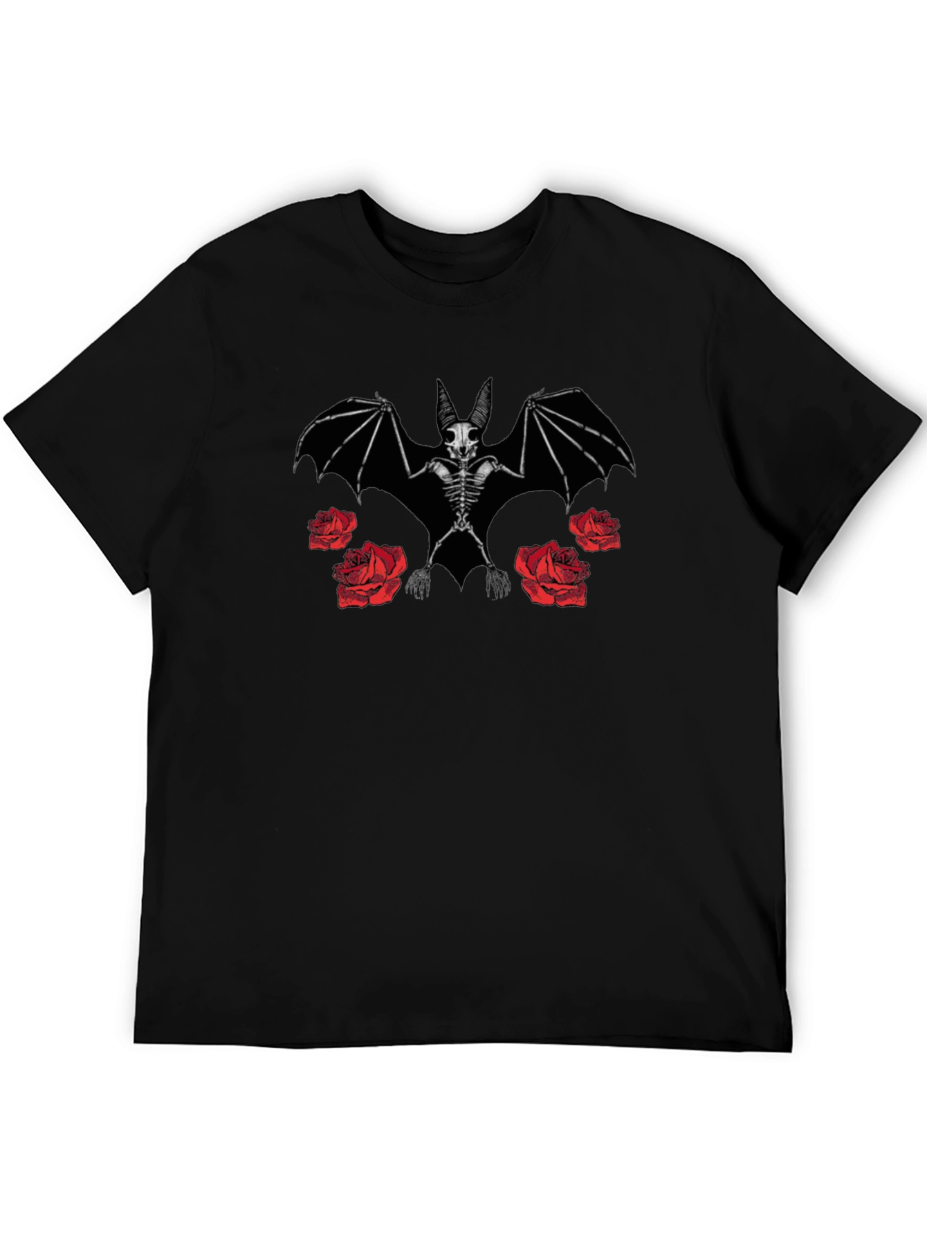 Bat Skeleton and Roses Graphic Print Black T-Shirt
