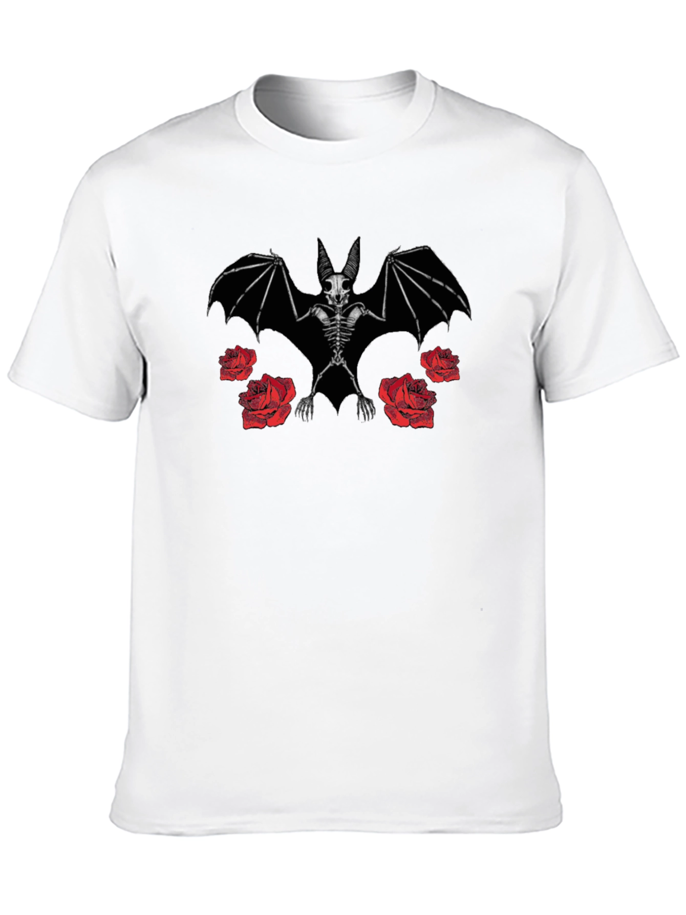 Bat Skeleton and Roses Graphic Print Black T-Shirt