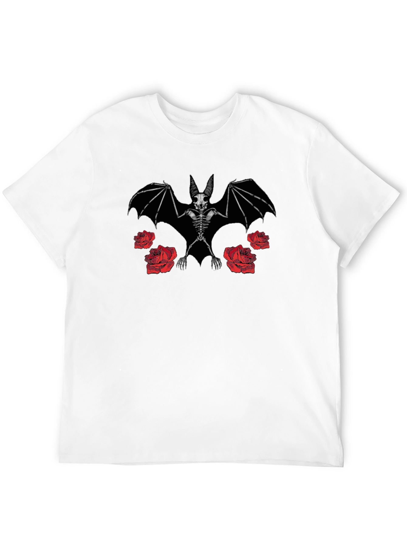 Bat Skeleton and Roses Graphic Print Black T-Shirt