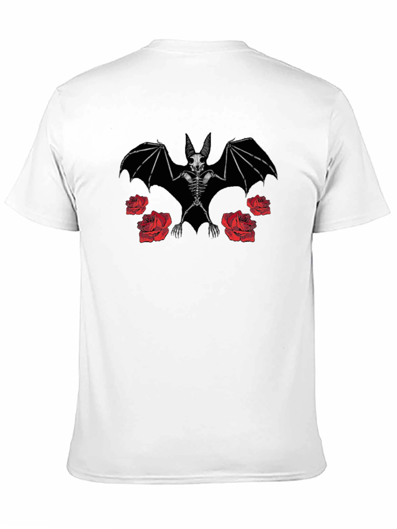 Bat Skeleton and Roses Graphic Print Black T-Shirt