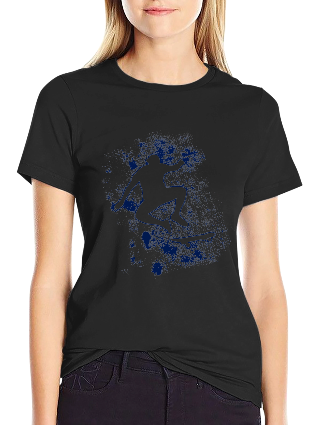 Mens Black Graphic Tee - Blue Skateboarder Design