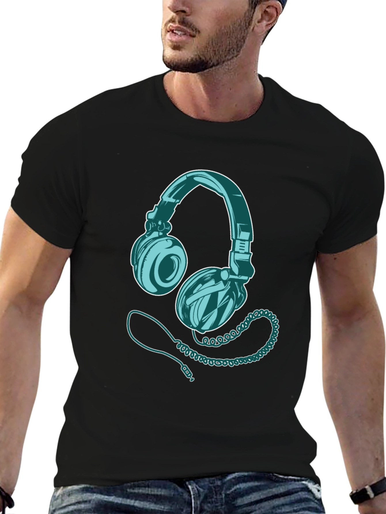 Headphone Graphic Print Black T-Shirt