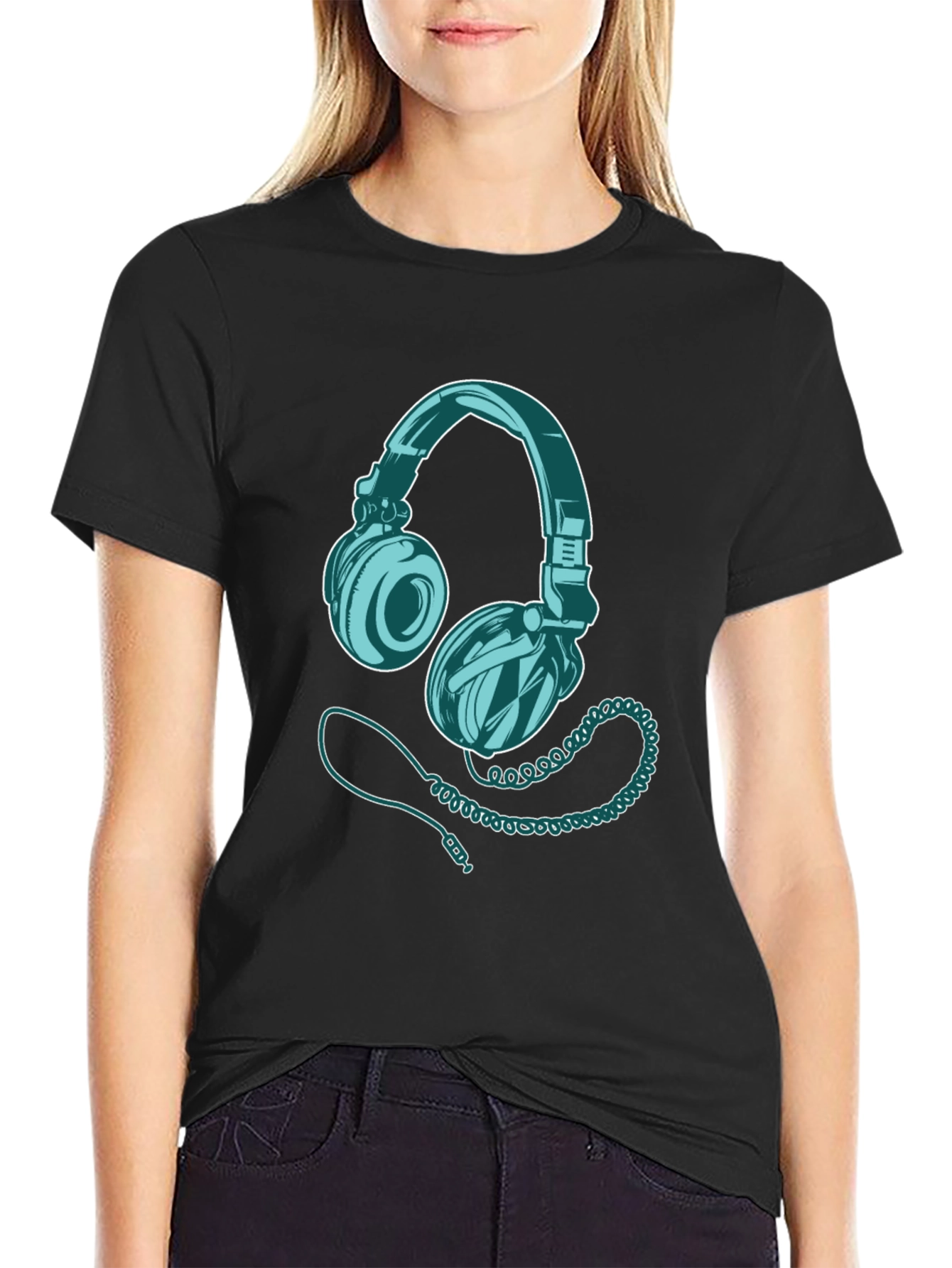 Headphone Graphic Print Black T-Shirt