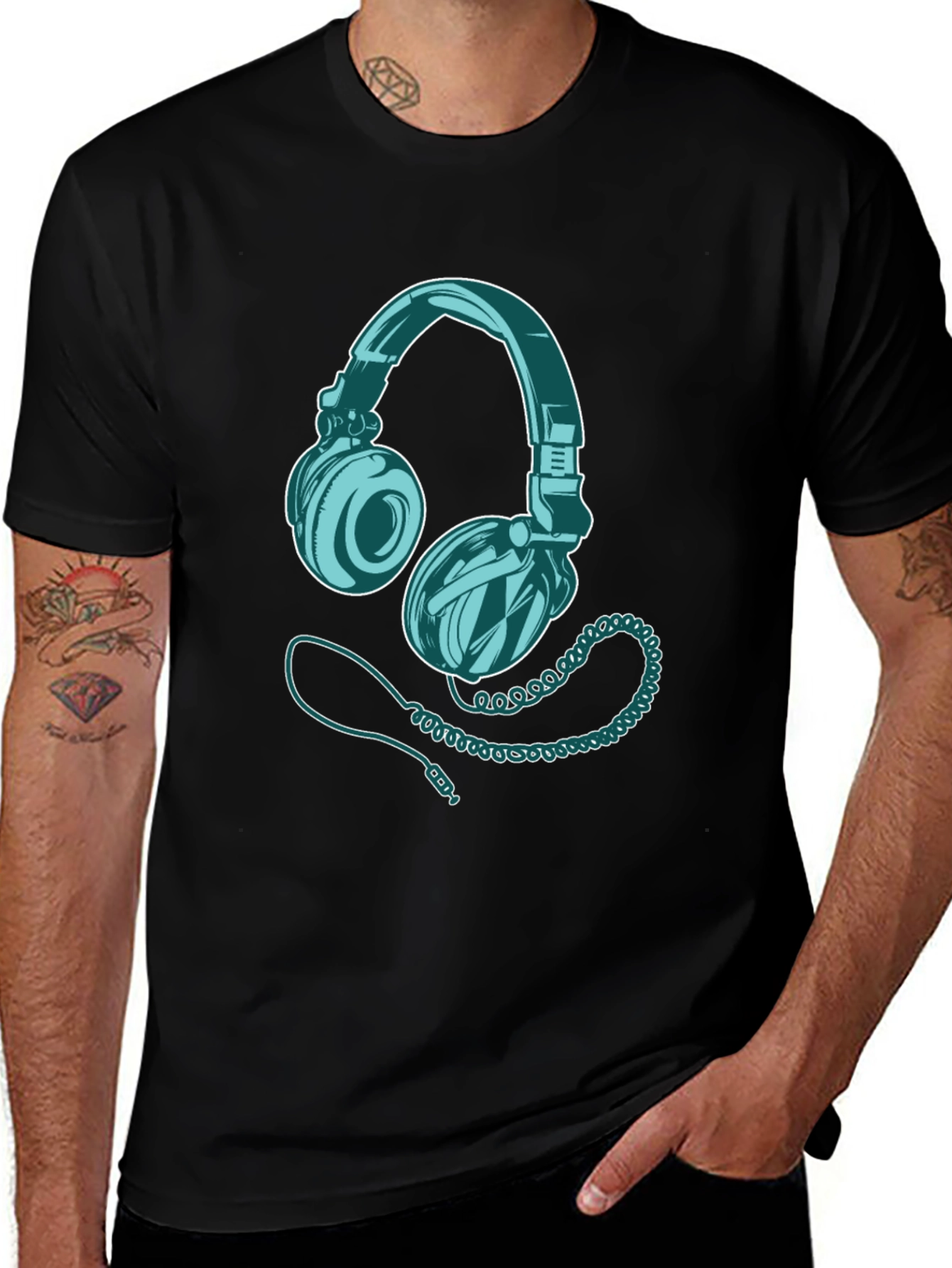 Headphone Graphic Print Black T-Shirt