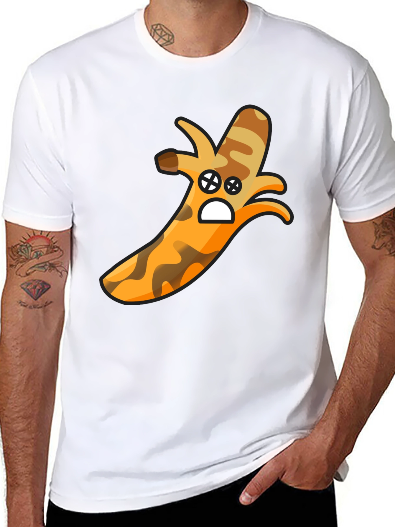 Camouflage Banana Cartoon Graphic Black T-Shirt