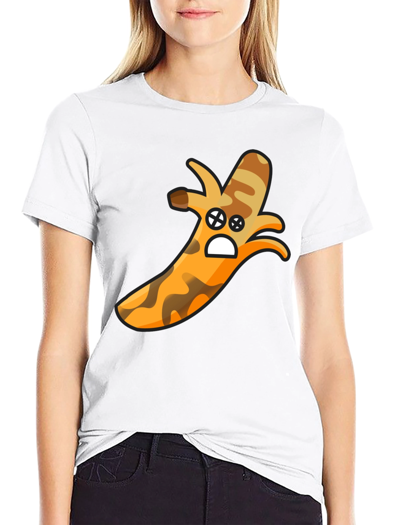Camouflage Banana Cartoon Graphic Black T-Shirt