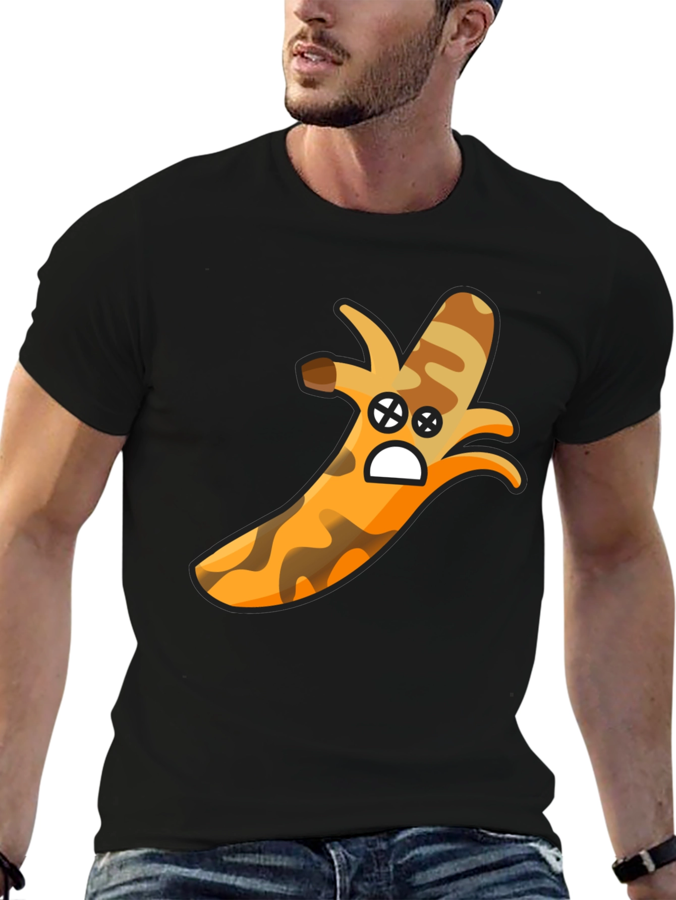 Camouflage Banana Cartoon Graphic Black T-Shirt
