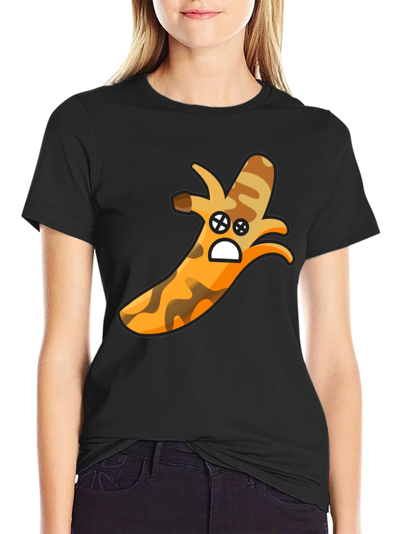 Camouflage Banana Cartoon Graphic Black T-Shirt