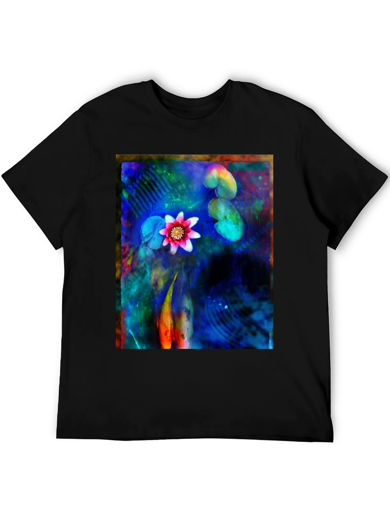 Artistic Lotus Pond Graphic T-Shirt - Black