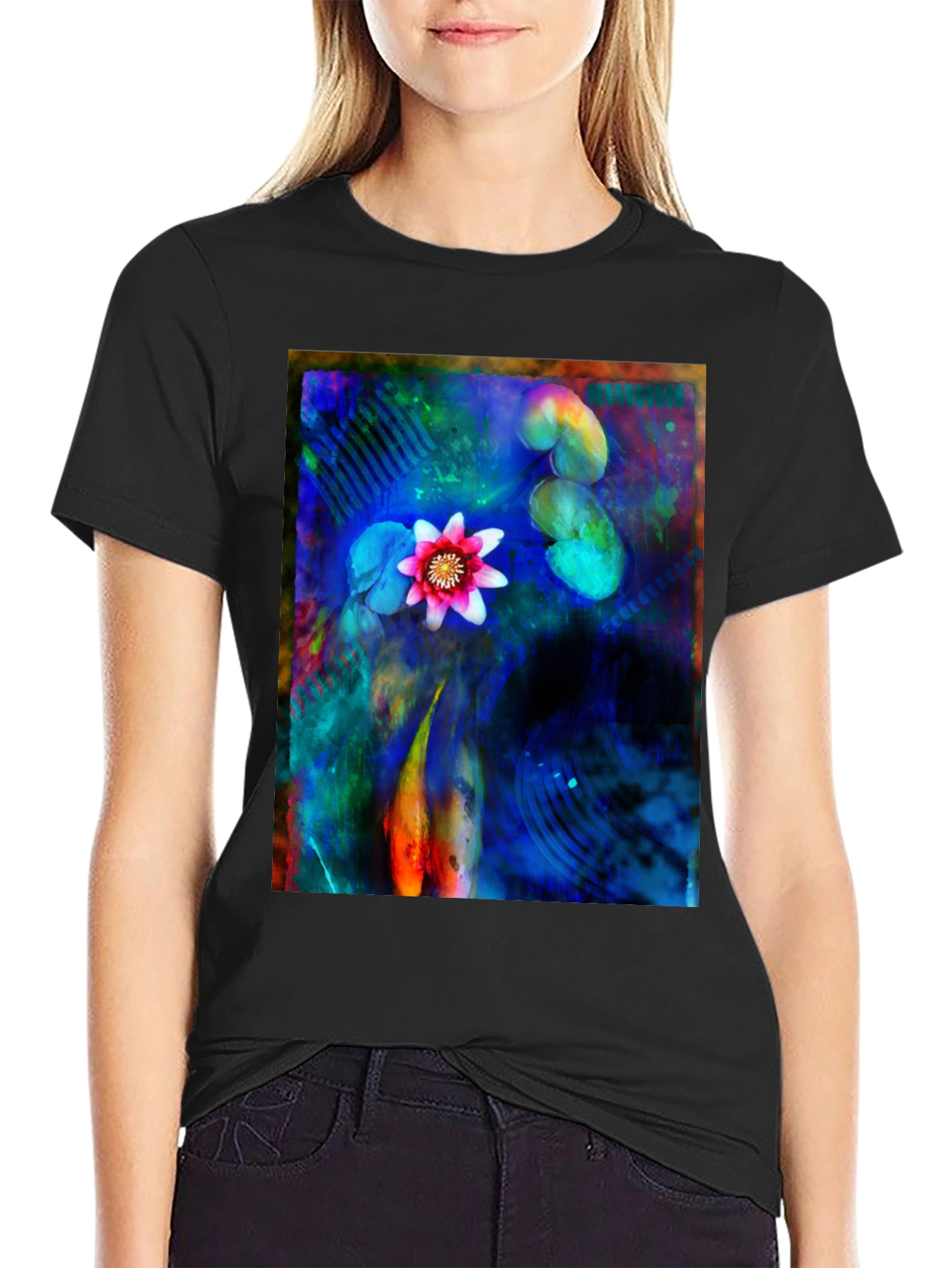 Artistic Lotus Pond Graphic T-Shirt - Black
