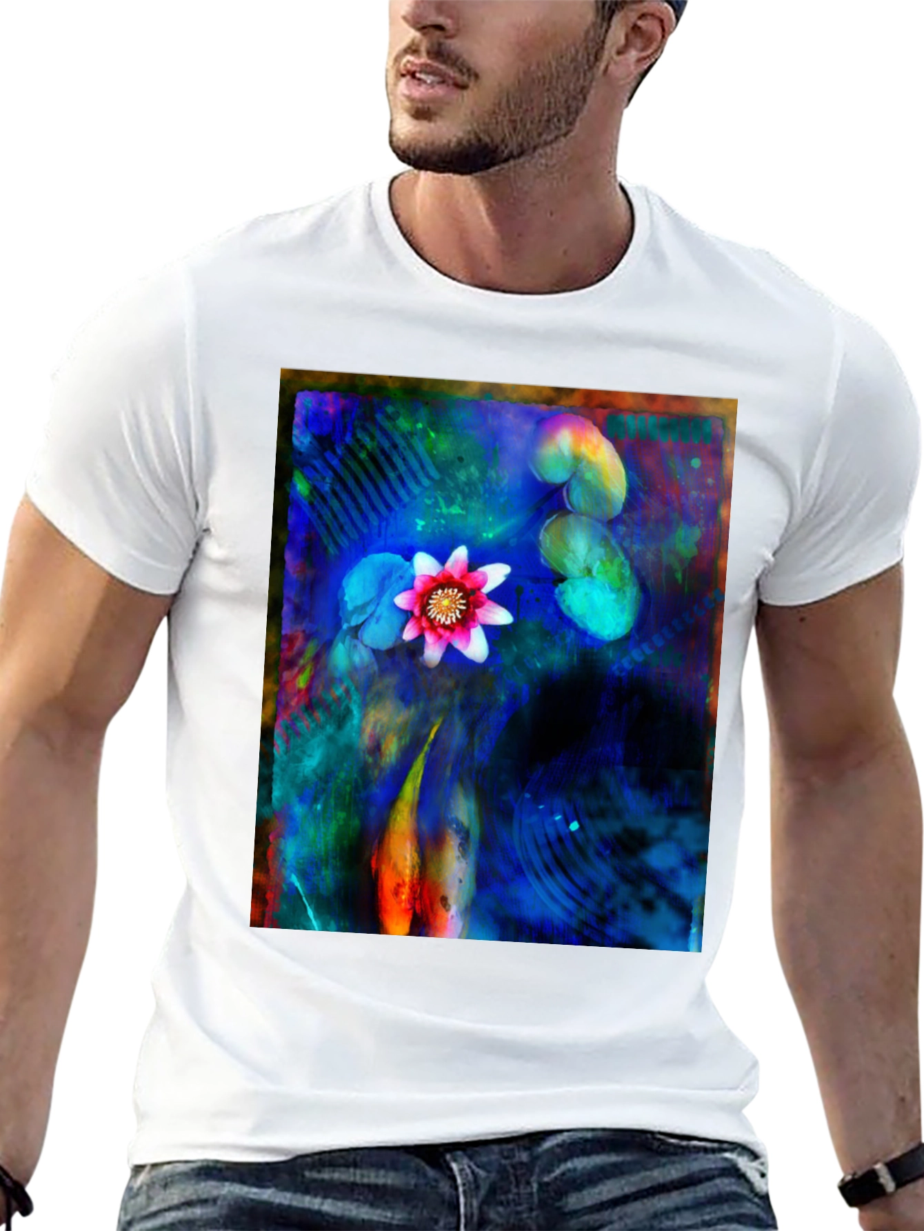 Artistic Lotus Pond Graphic T-Shirt - Black