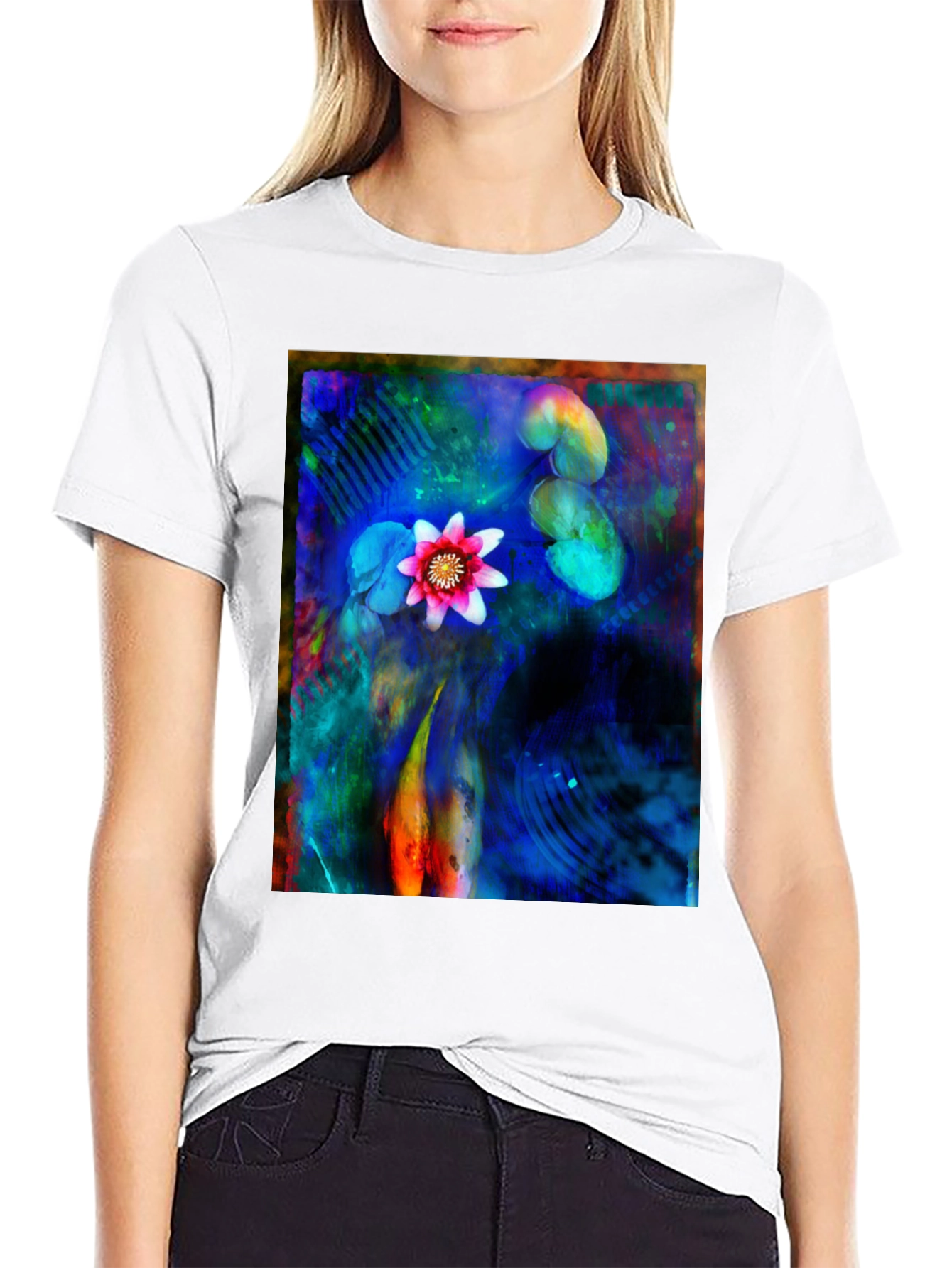 Artistic Lotus Pond Graphic T-Shirt - Black