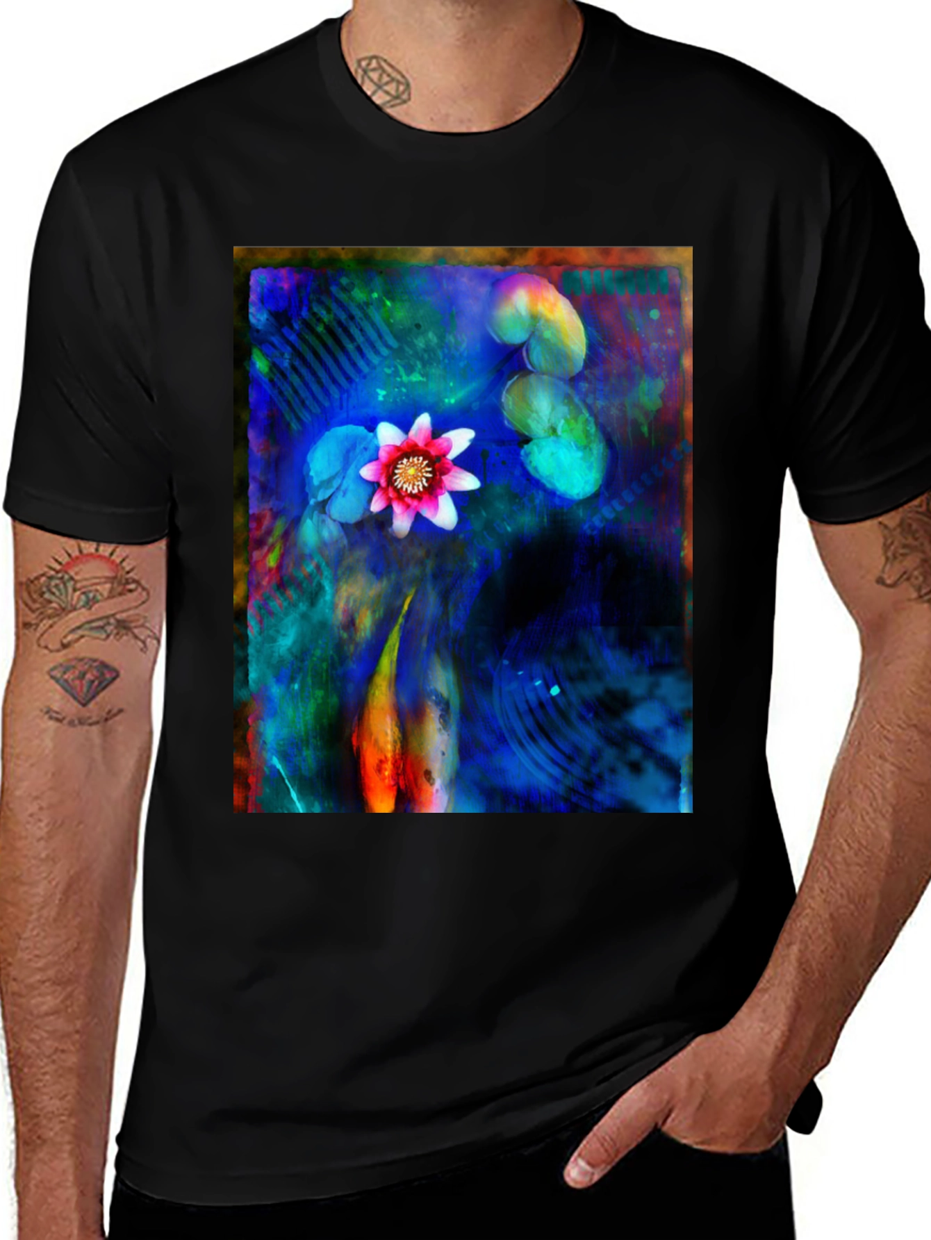 Artistic Lotus Pond Graphic T-Shirt - Black
