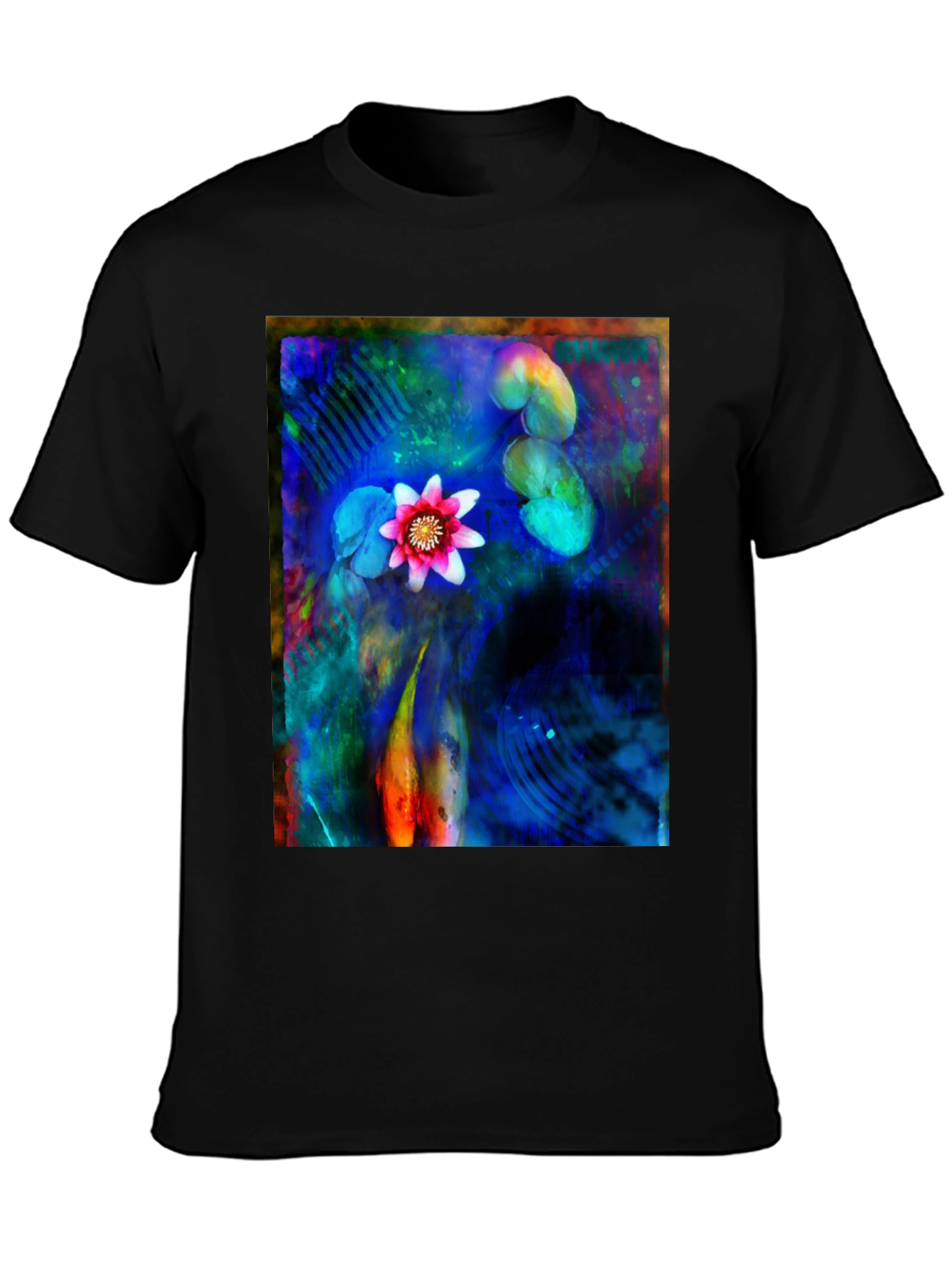 Artistic Lotus Pond Graphic T-Shirt - Black