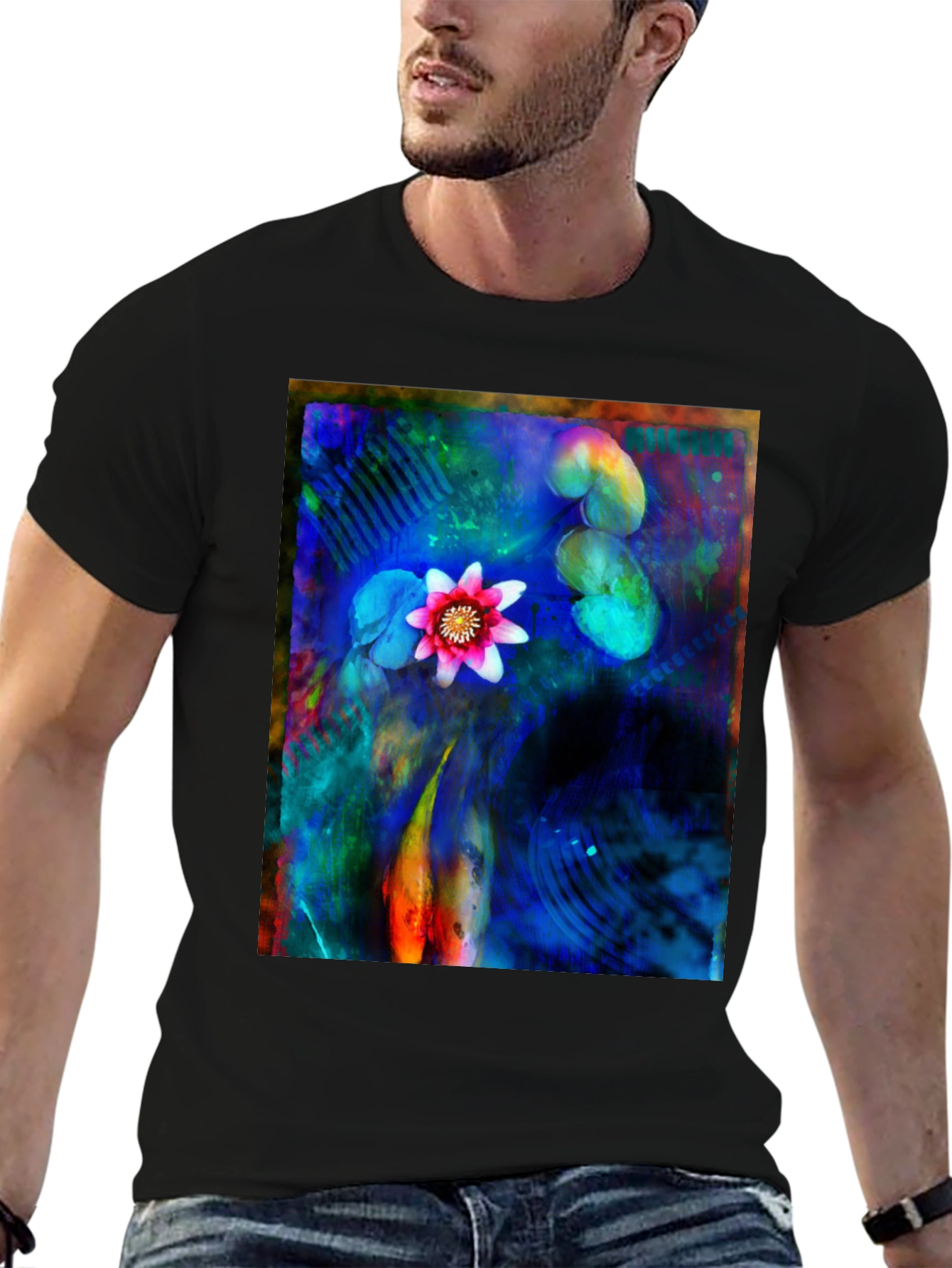 Artistic Lotus Pond Graphic T-Shirt - Black