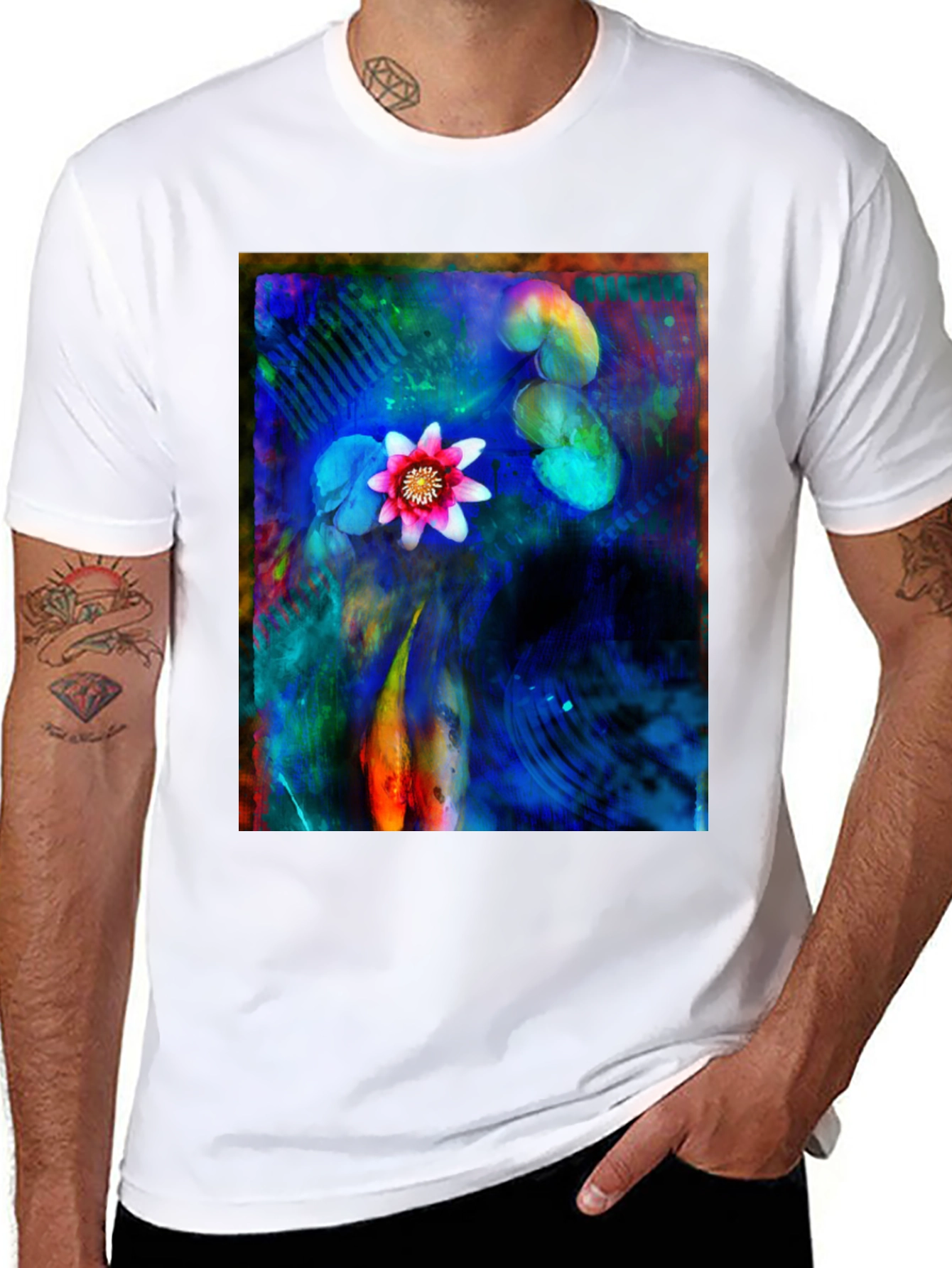 Artistic Lotus Pond Graphic T-Shirt - Black