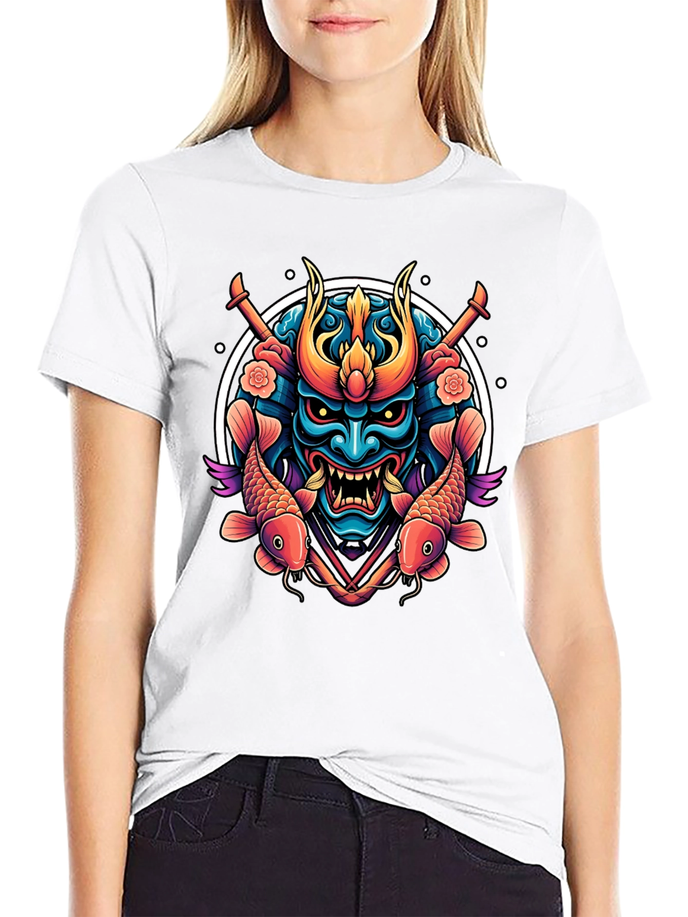 Samurai Mask Graphic Tee - Koi Fish Design