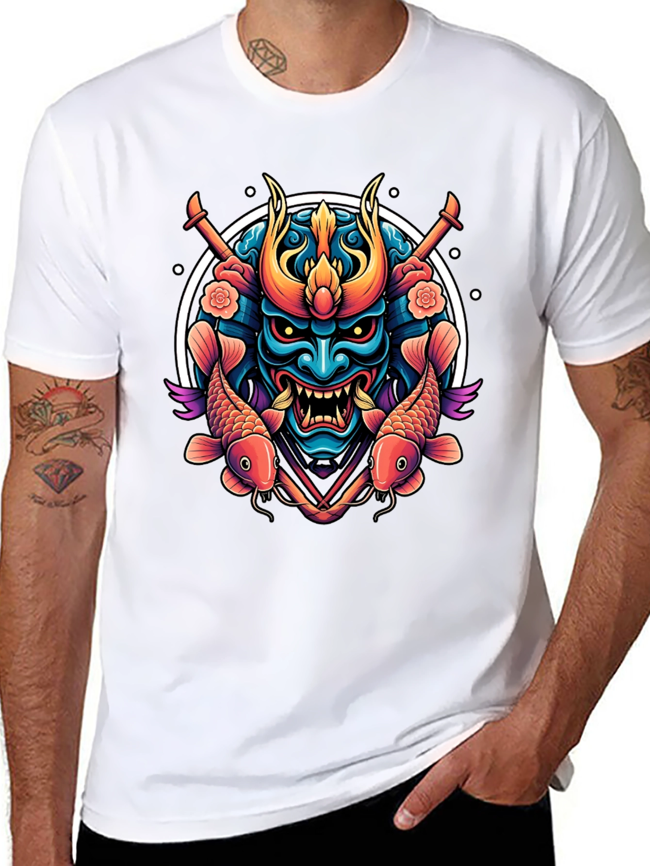 Samurai Mask Graphic Tee - Koi Fish Design