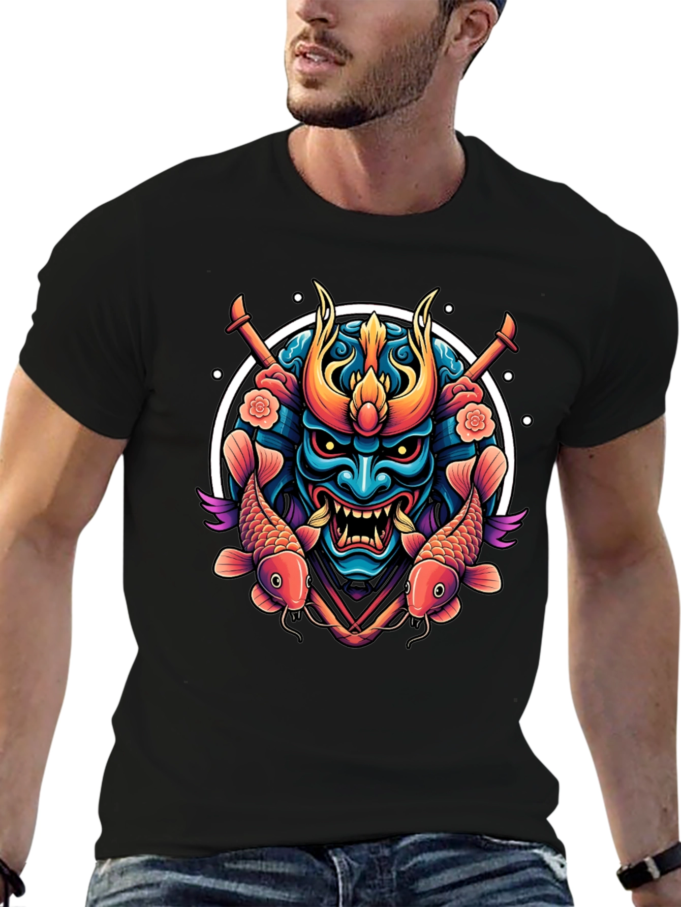 Samurai Mask Graphic Tee - Koi Fish Design