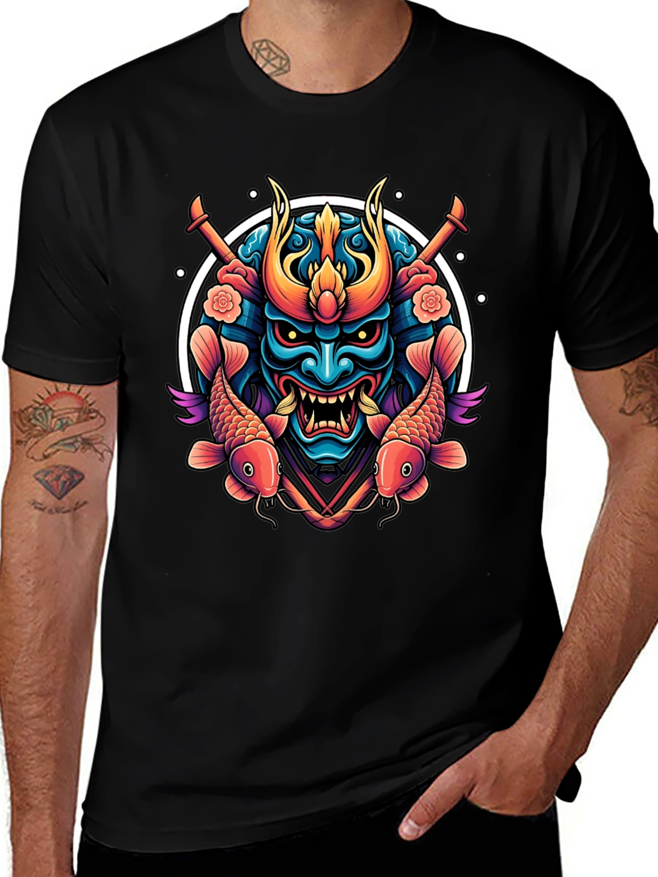 Samurai Mask Graphic Tee - Koi Fish Design