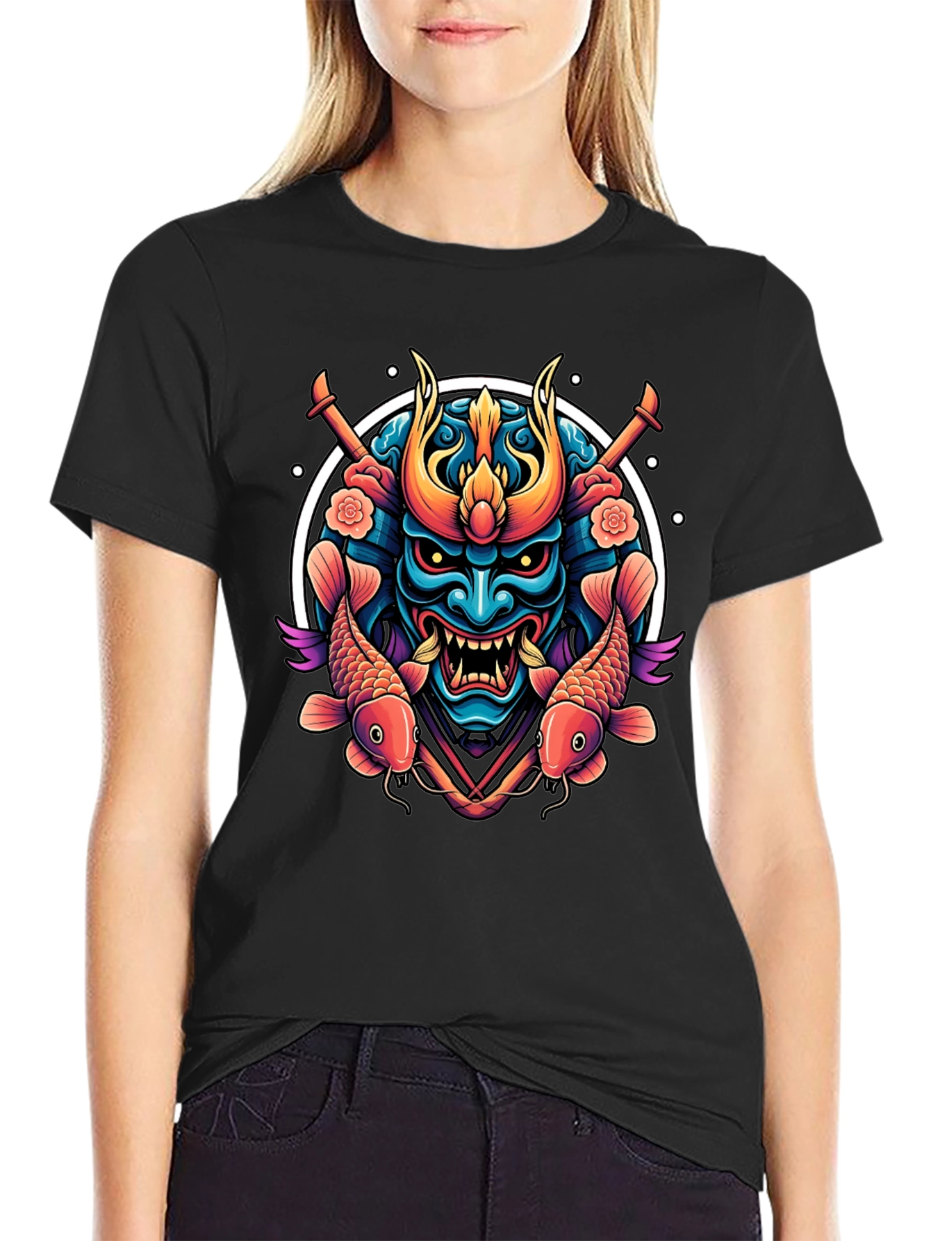 Samurai Mask Graphic Tee - Koi Fish Design