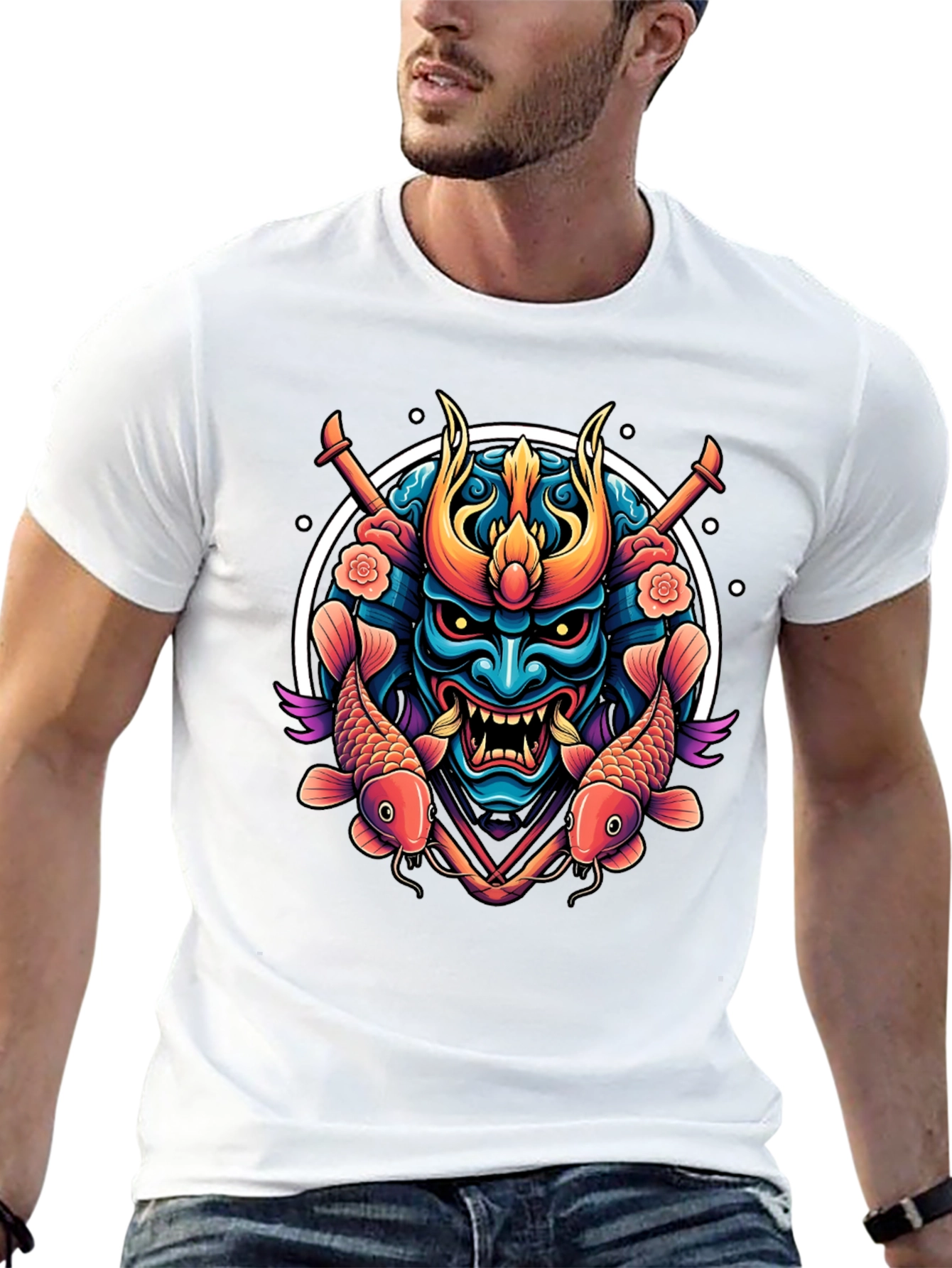 Samurai Mask Graphic Tee - Koi Fish Design