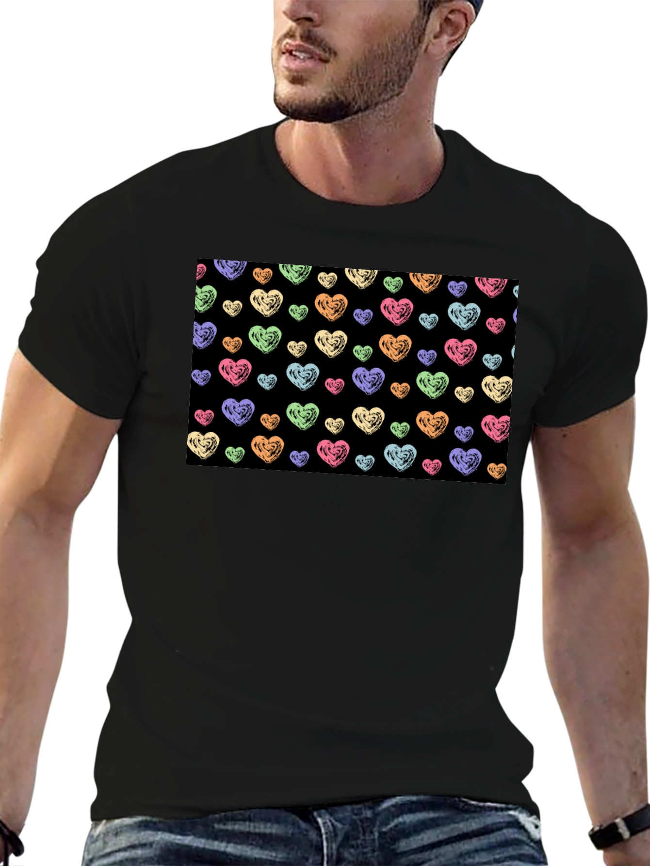 Heart Scribble Pattern Black T-Shirt