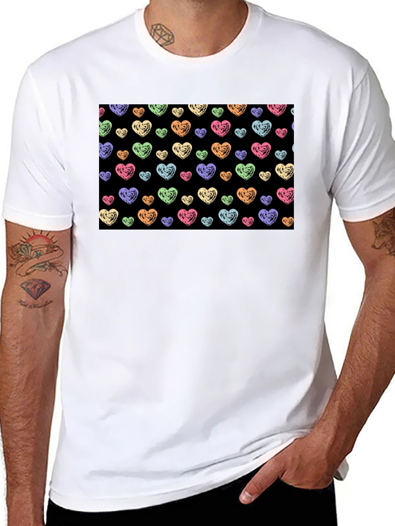Heart Scribble Pattern Black T-Shirt