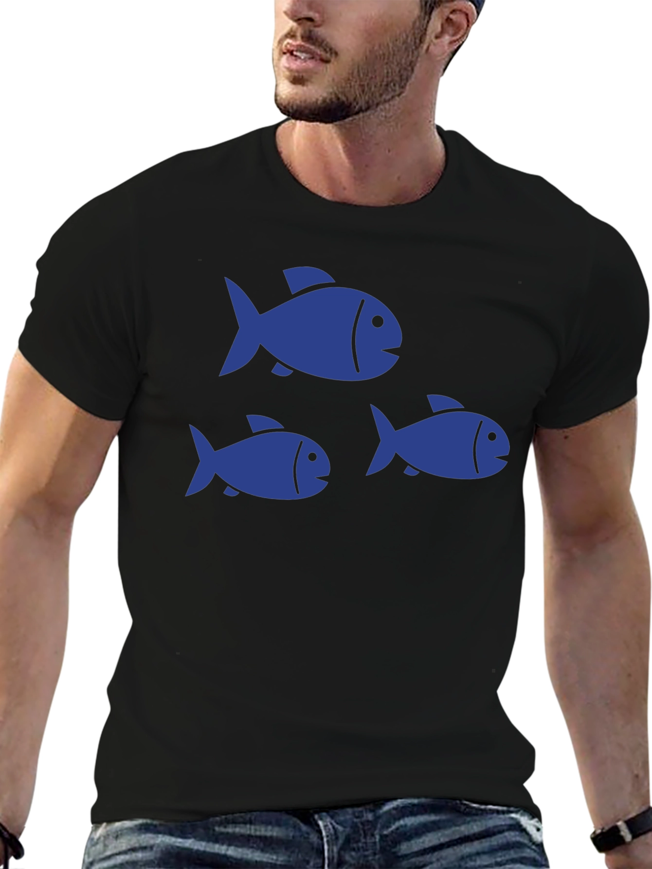 Black T-Shirt with Blue Fish Graphic Print