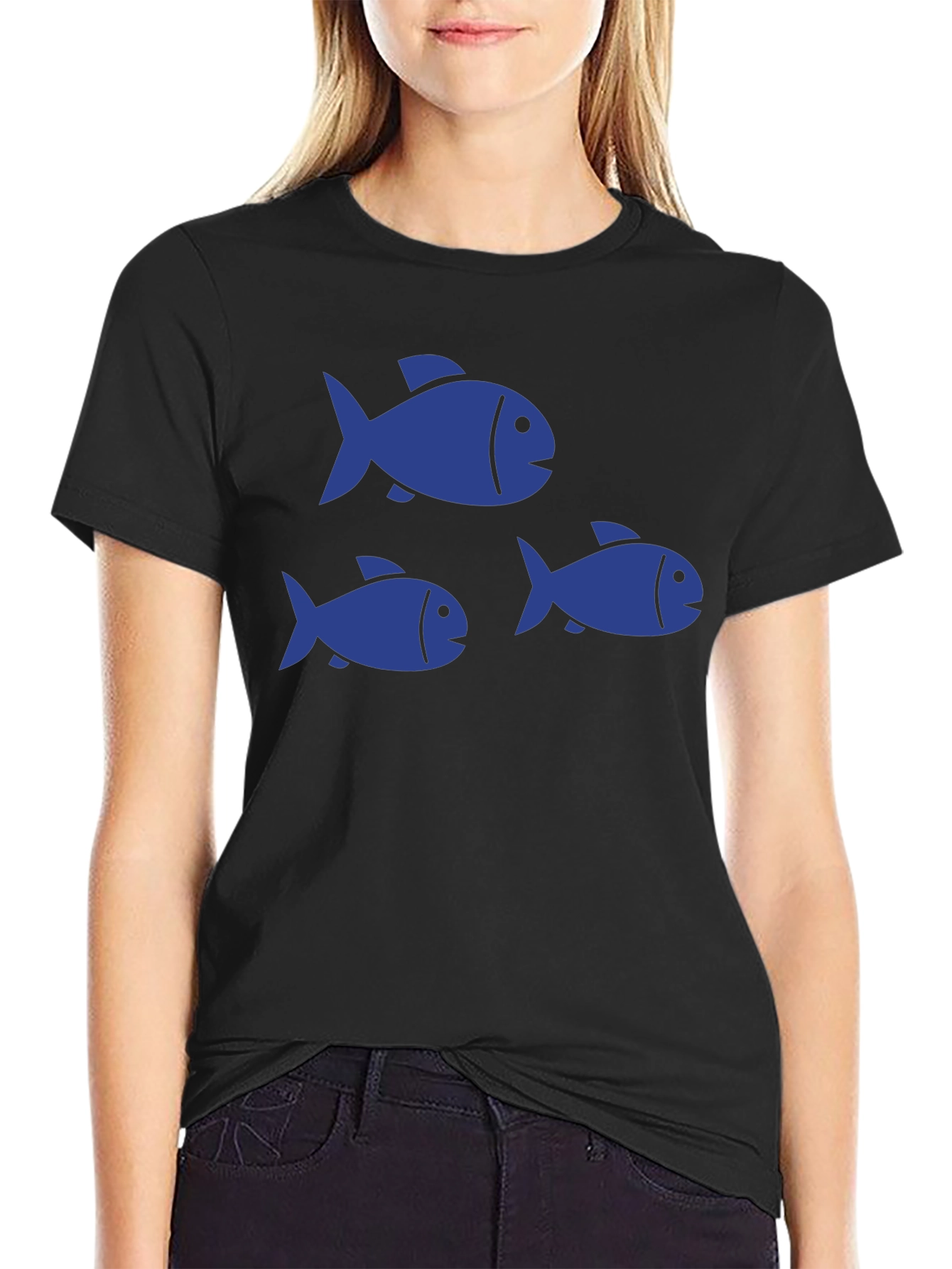 Black T-Shirt with Blue Fish Graphic Print