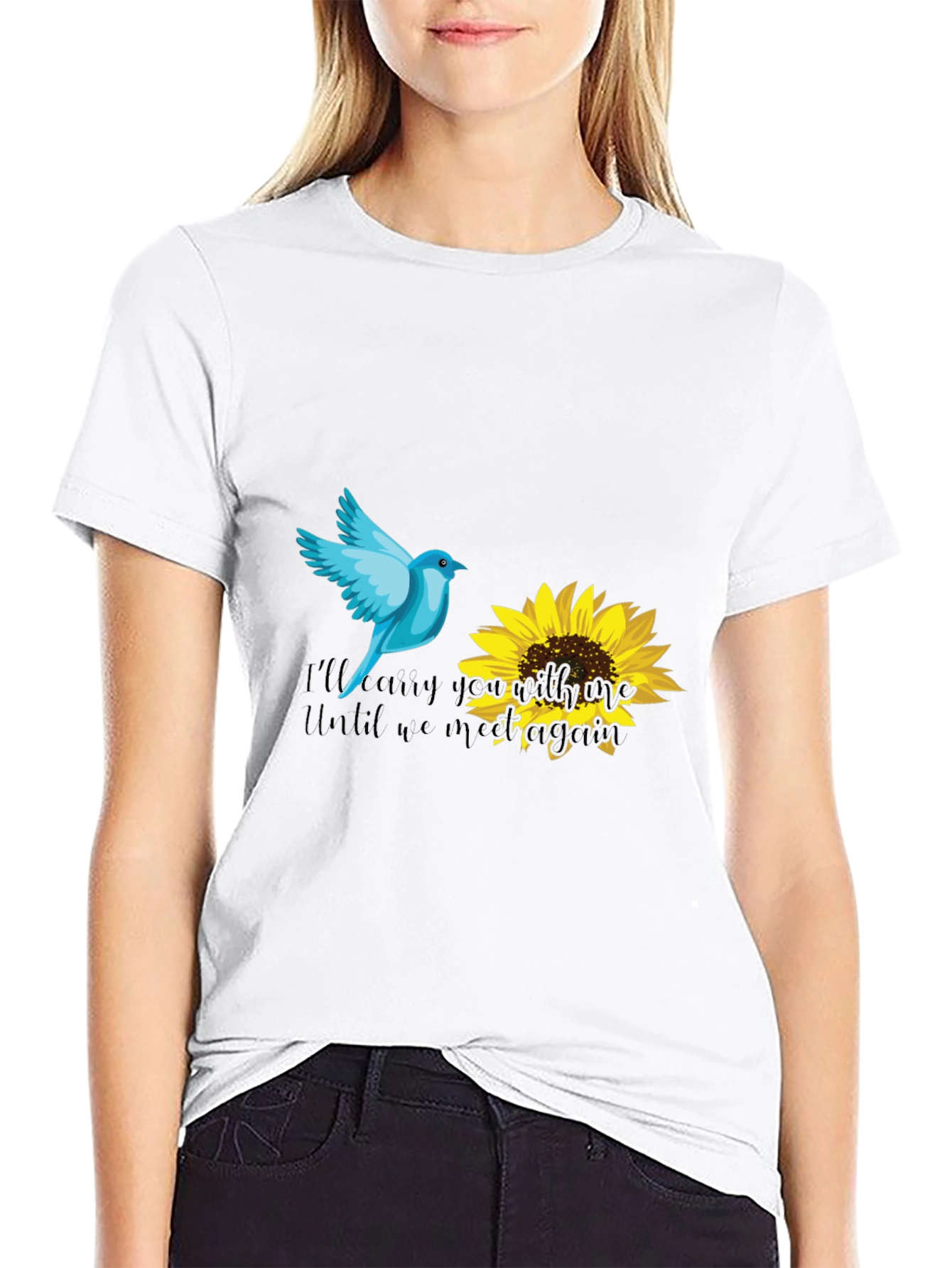Blue Bird & Sunflower Graphic Black T-Shirt