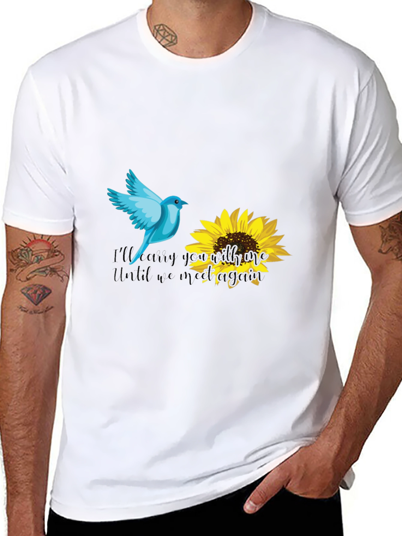 Blue Bird & Sunflower Graphic Black T-Shirt