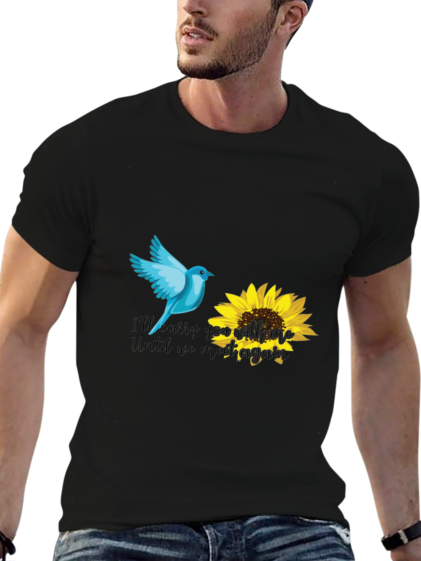 Blue Bird & Sunflower Graphic Black T-Shirt