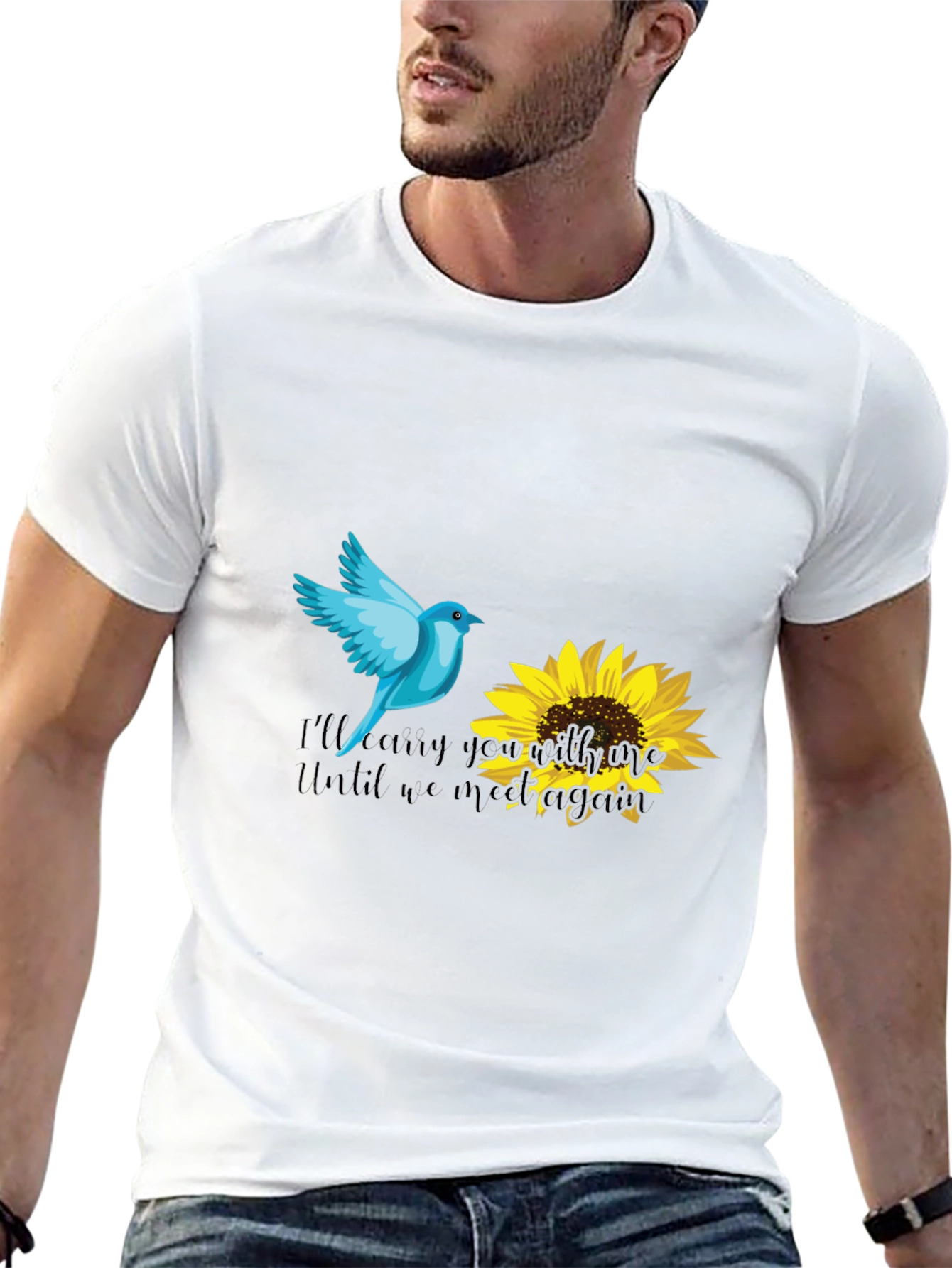 Blue Bird & Sunflower Graphic Black T-Shirt
