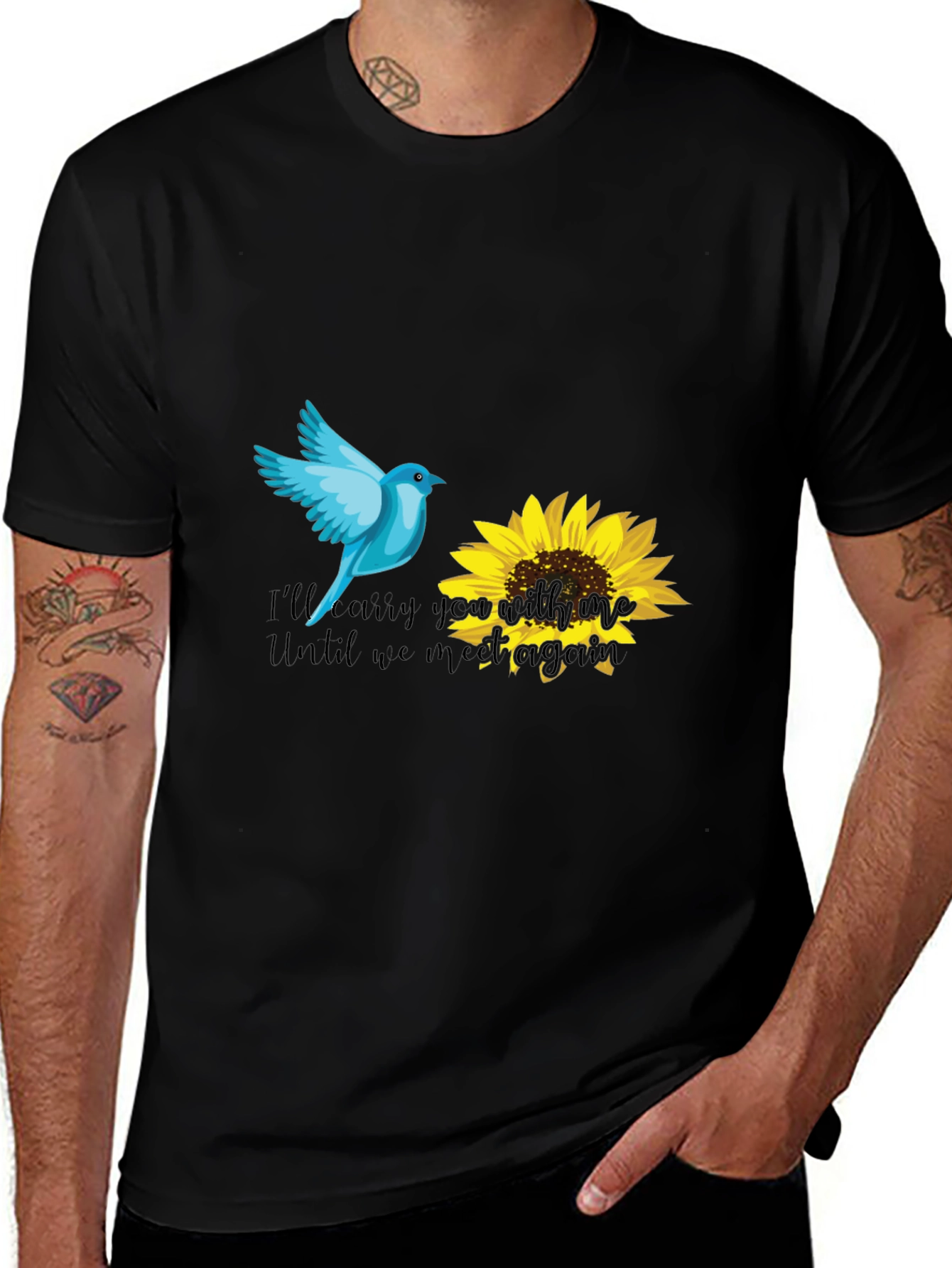 Blue Bird & Sunflower Graphic Black T-Shirt