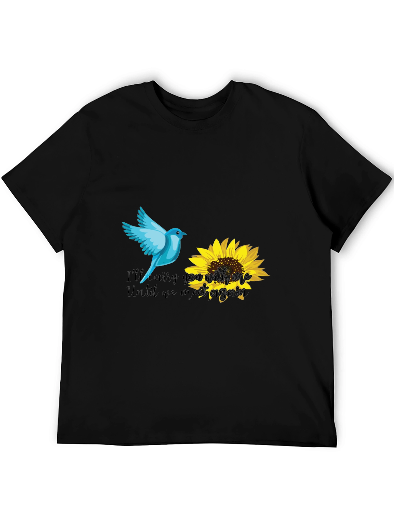 Blue Bird & Sunflower Graphic Black T-Shirt
