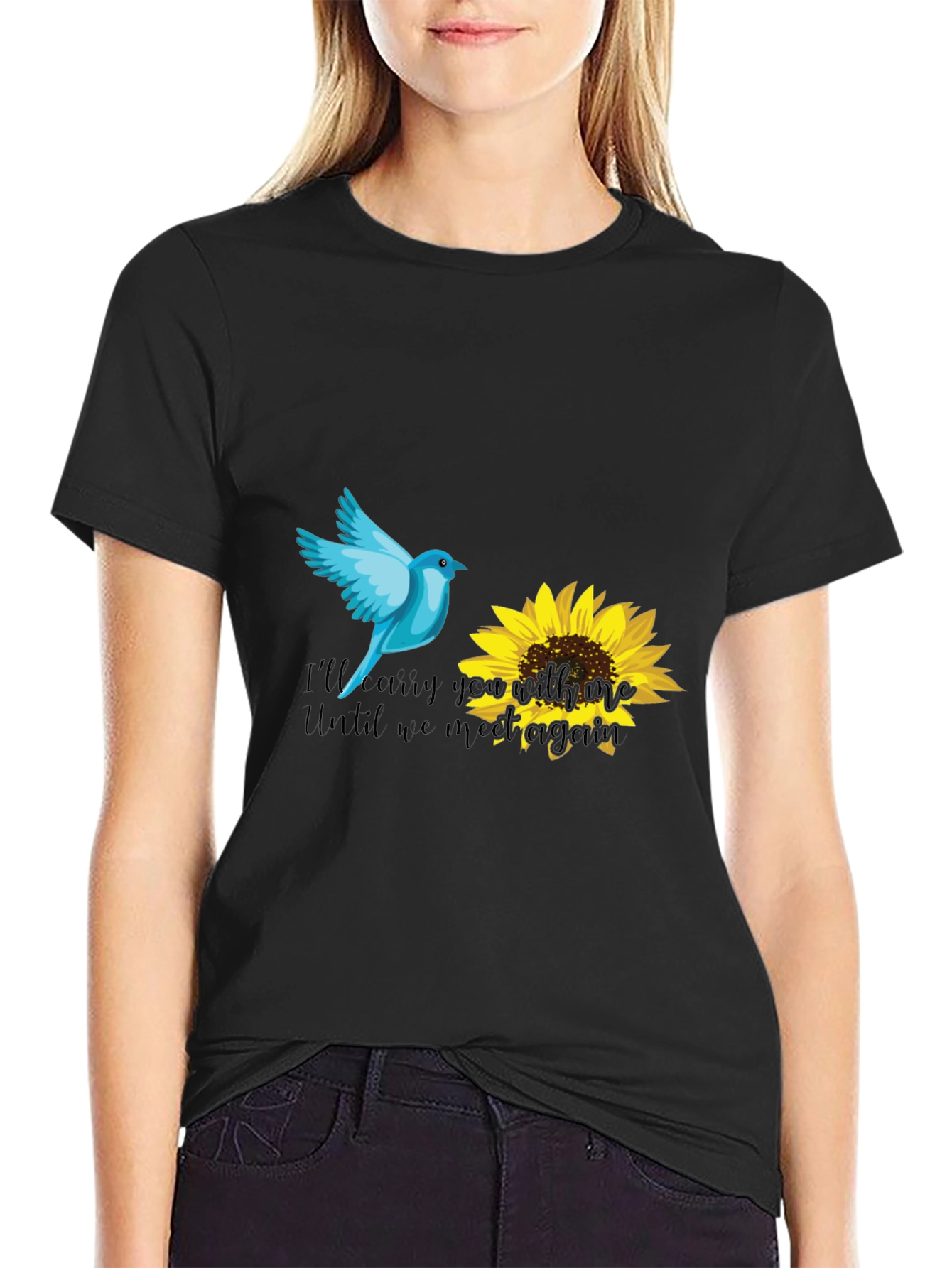 Blue Bird & Sunflower Graphic Black T-Shirt