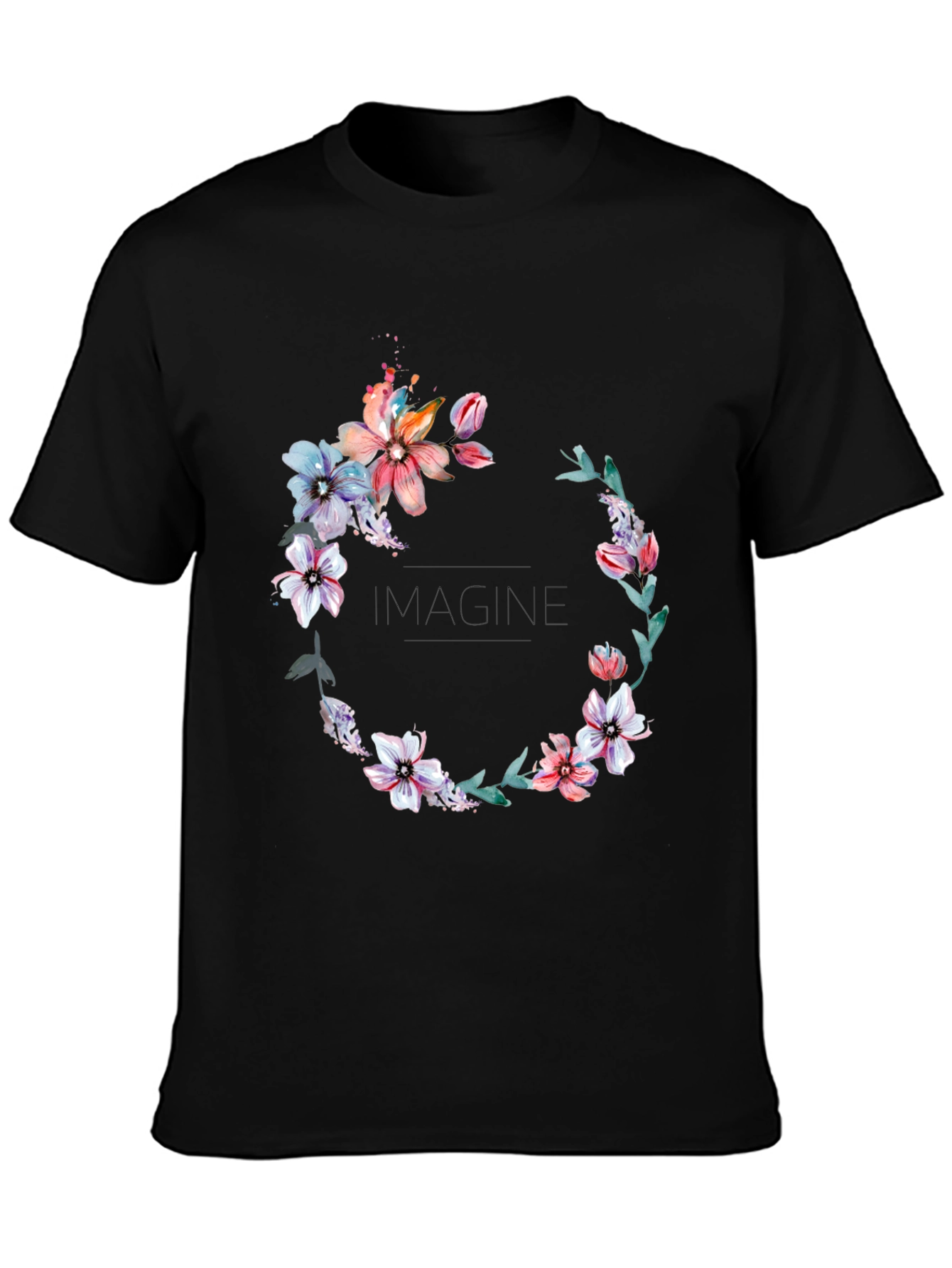 Floral Wreath Black T-Shirt - Imagine