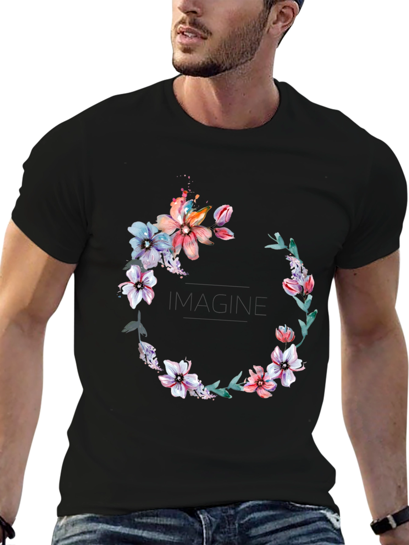 Floral Wreath Black T-Shirt - Imagine