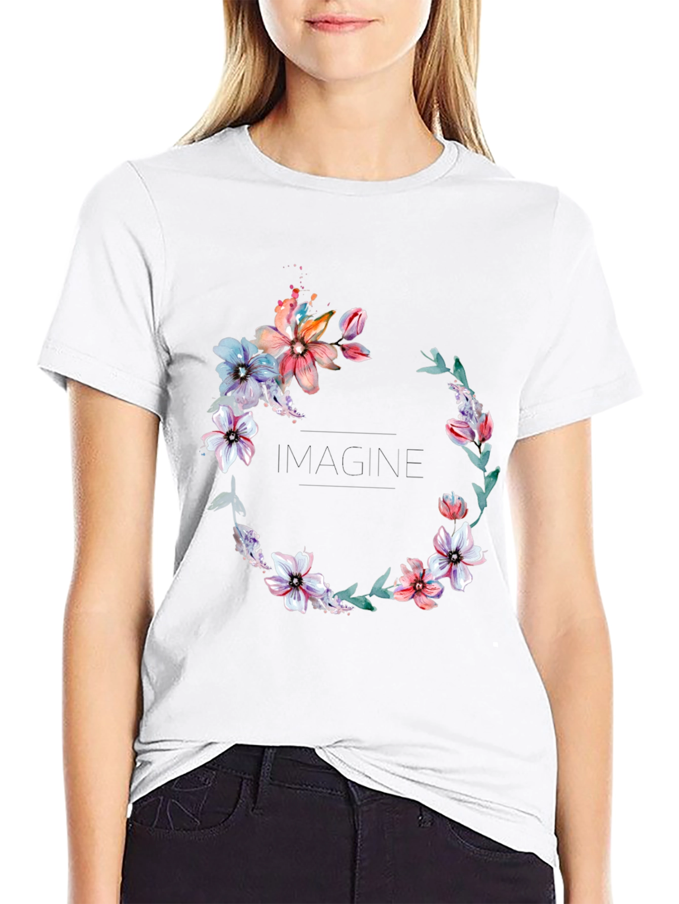 Floral Wreath Black T-Shirt - Imagine