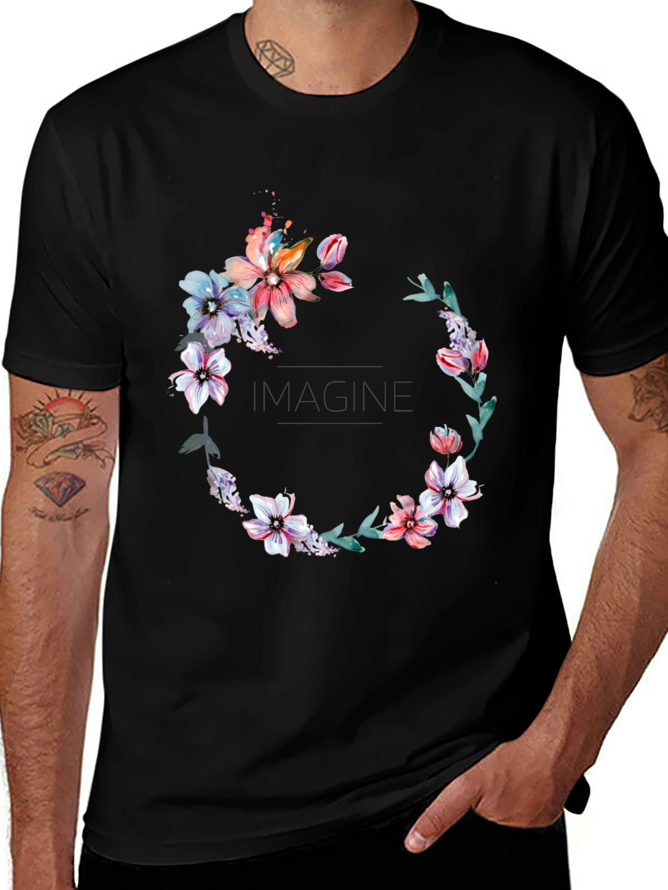 Floral Wreath Black T-Shirt - Imagine
