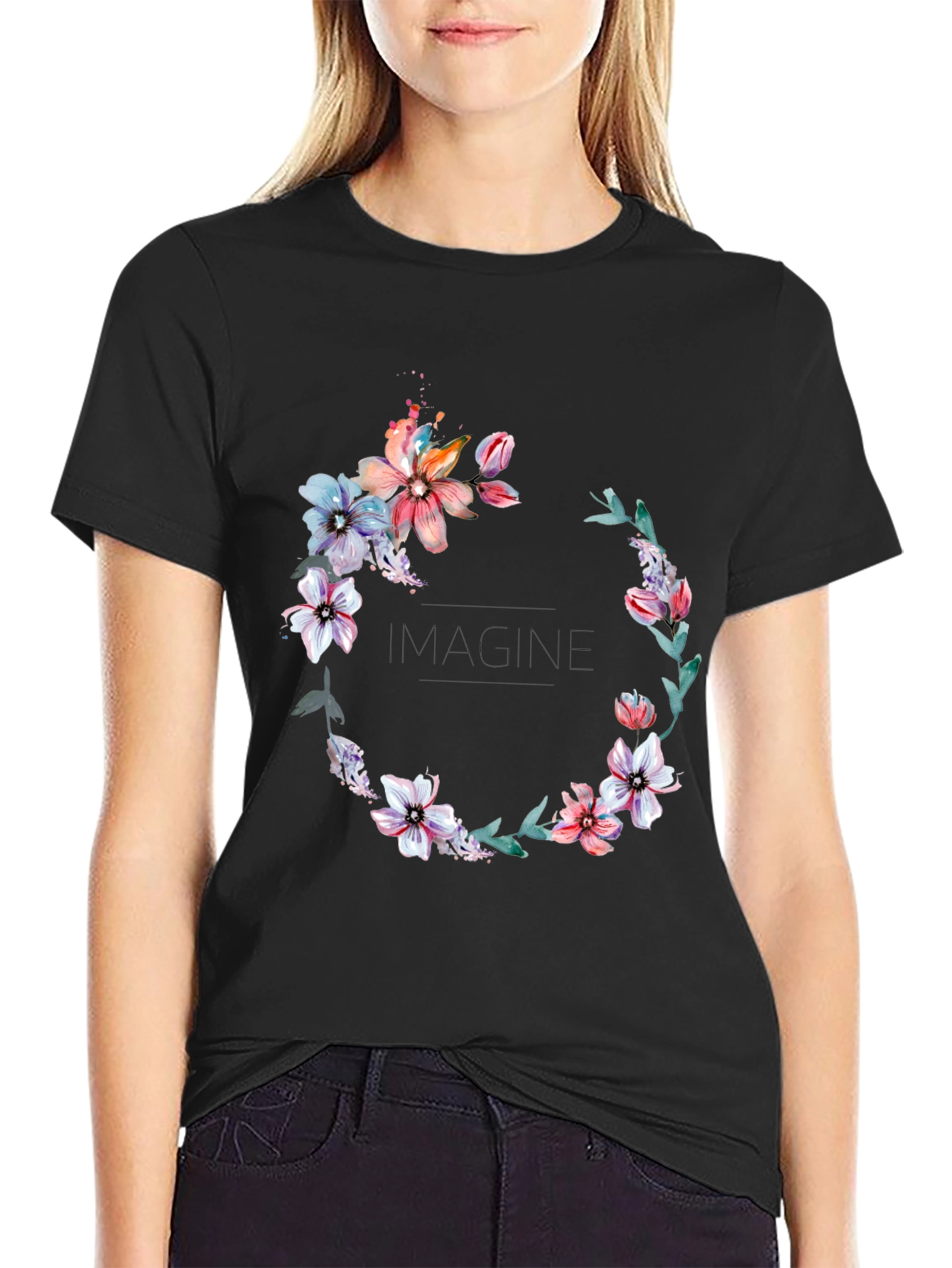 Floral Wreath Black T-Shirt - Imagine