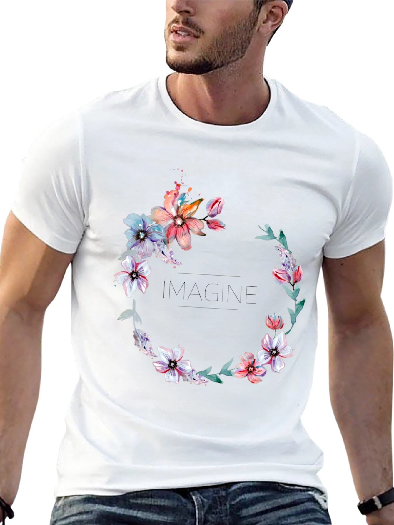 Floral Wreath Black T-Shirt - Imagine