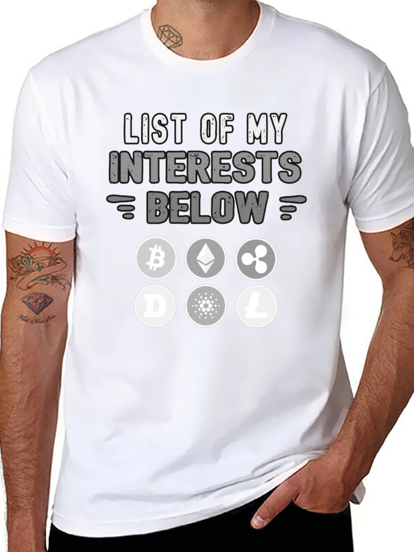 Crypto Interests T-Shirt Bitcoin Ethereum Ripple