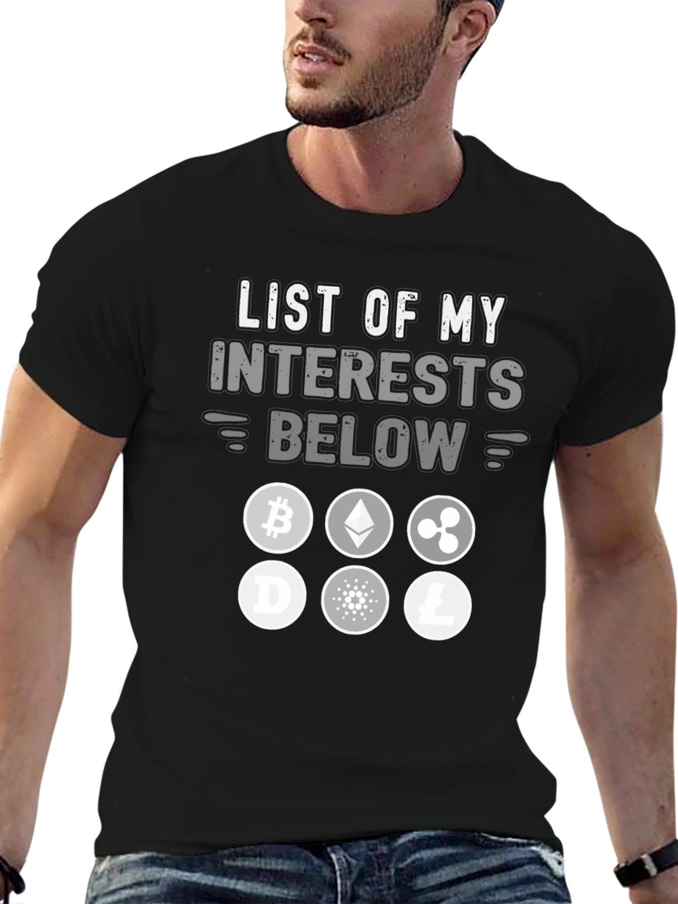 Crypto Interests T-Shirt Bitcoin Ethereum Ripple