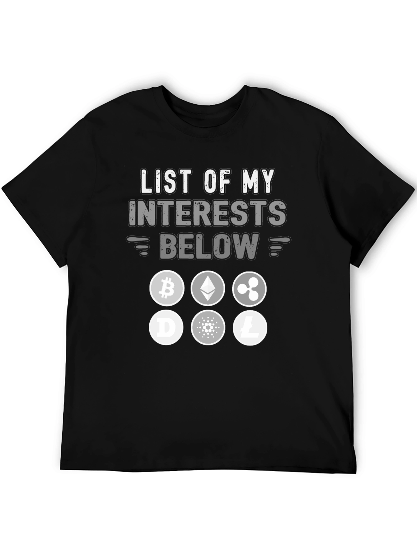 Crypto Interests T-Shirt Bitcoin Ethereum Ripple