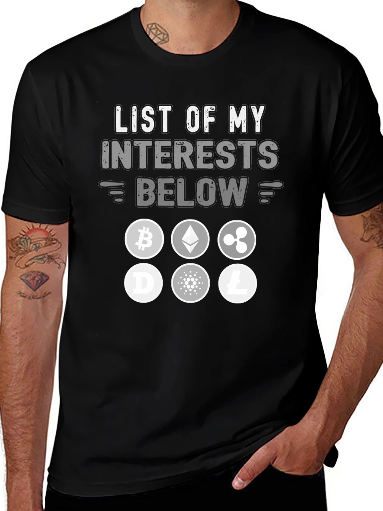 Crypto Interests T-Shirt Bitcoin Ethereum Ripple