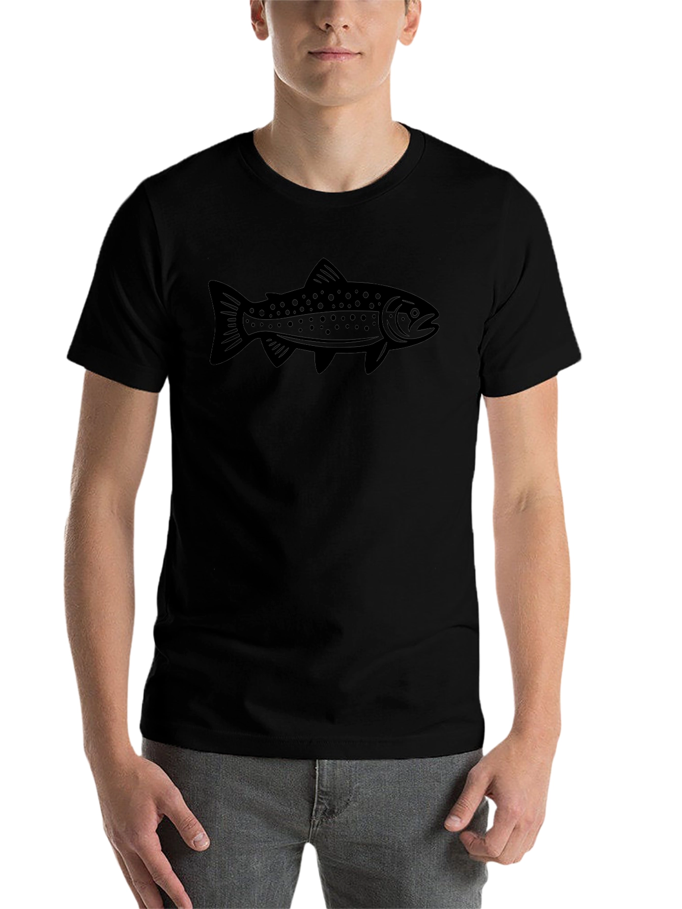 Mens Black T-shirt with Fishing Trout Design