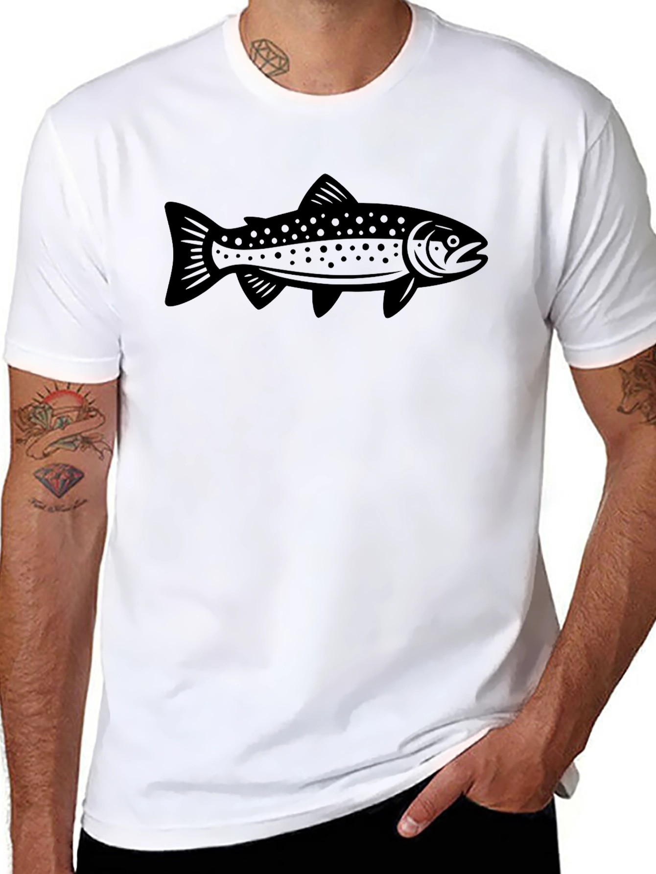 Mens Black T-shirt with Fishing Trout Design