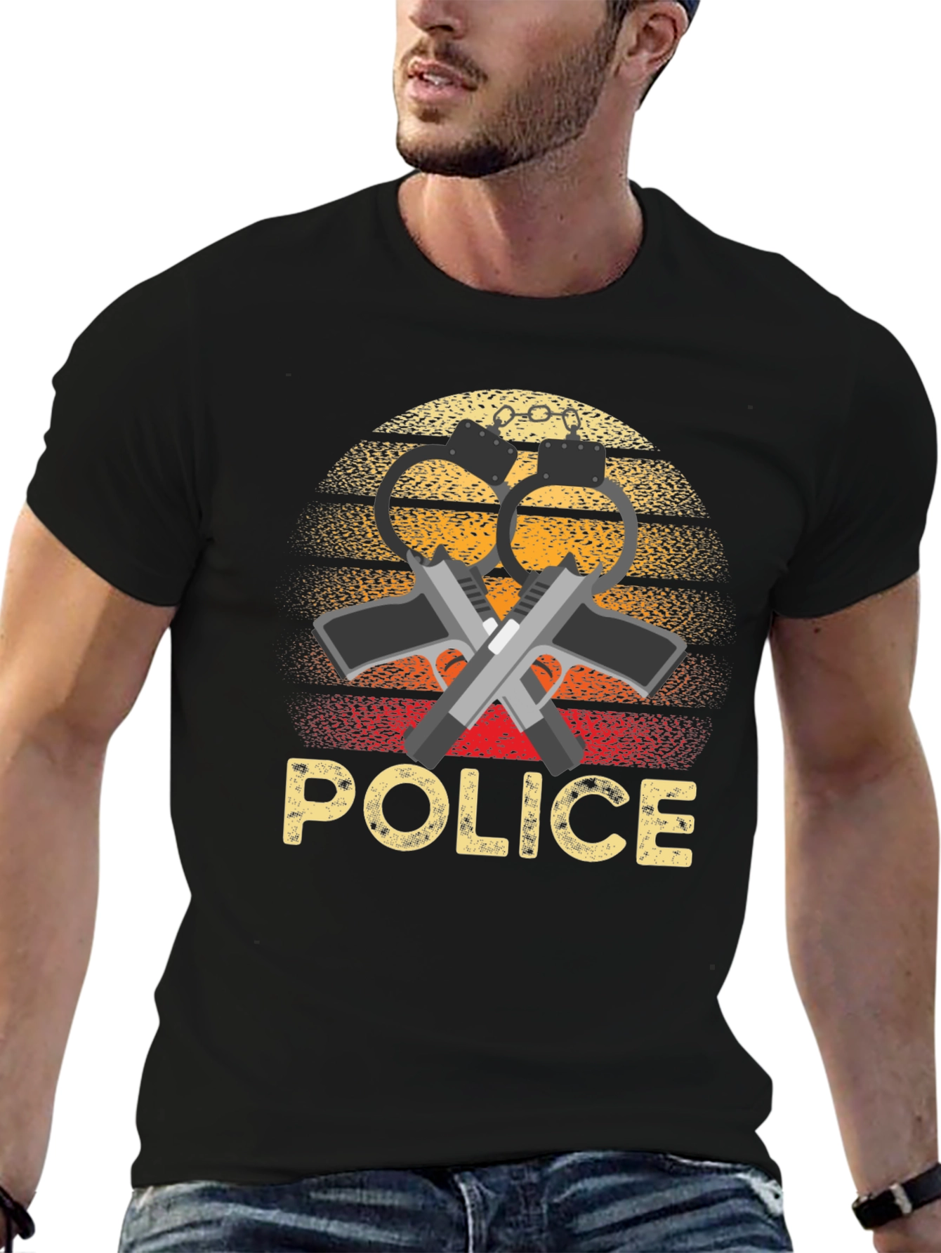 Police Graphic T-Shirt Retro Sunset Design